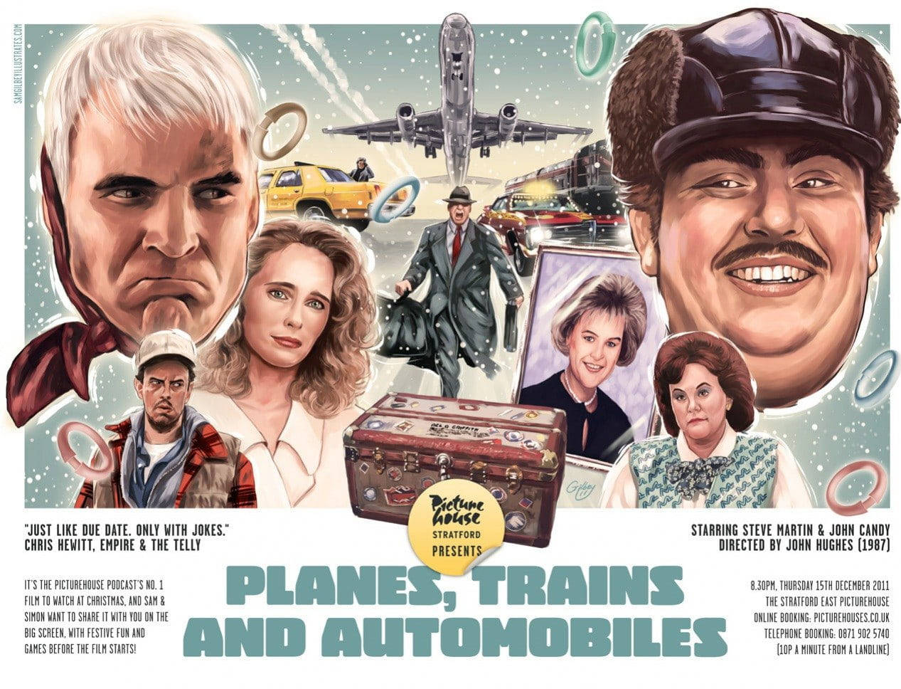 數位插畫：約翰·坎迪 壁紙 — 《Planes Trains and Automobiles》的復古電影海報，以雪景為背景，展示演員的風格化肖像和標誌性車輛。