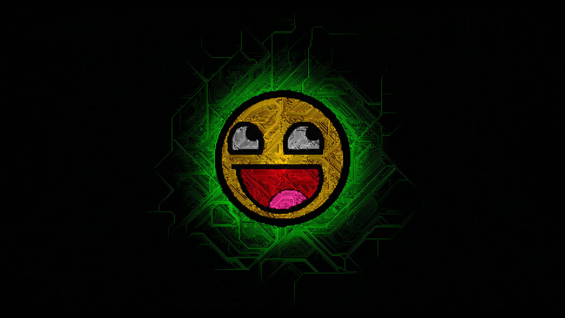 數位搞笑表情 Emoji 壁紙 — 一個發光的綠色電路板笑臉，帶有紅色嘴巴和粉紅色舌頭，在黑色背景上發光。