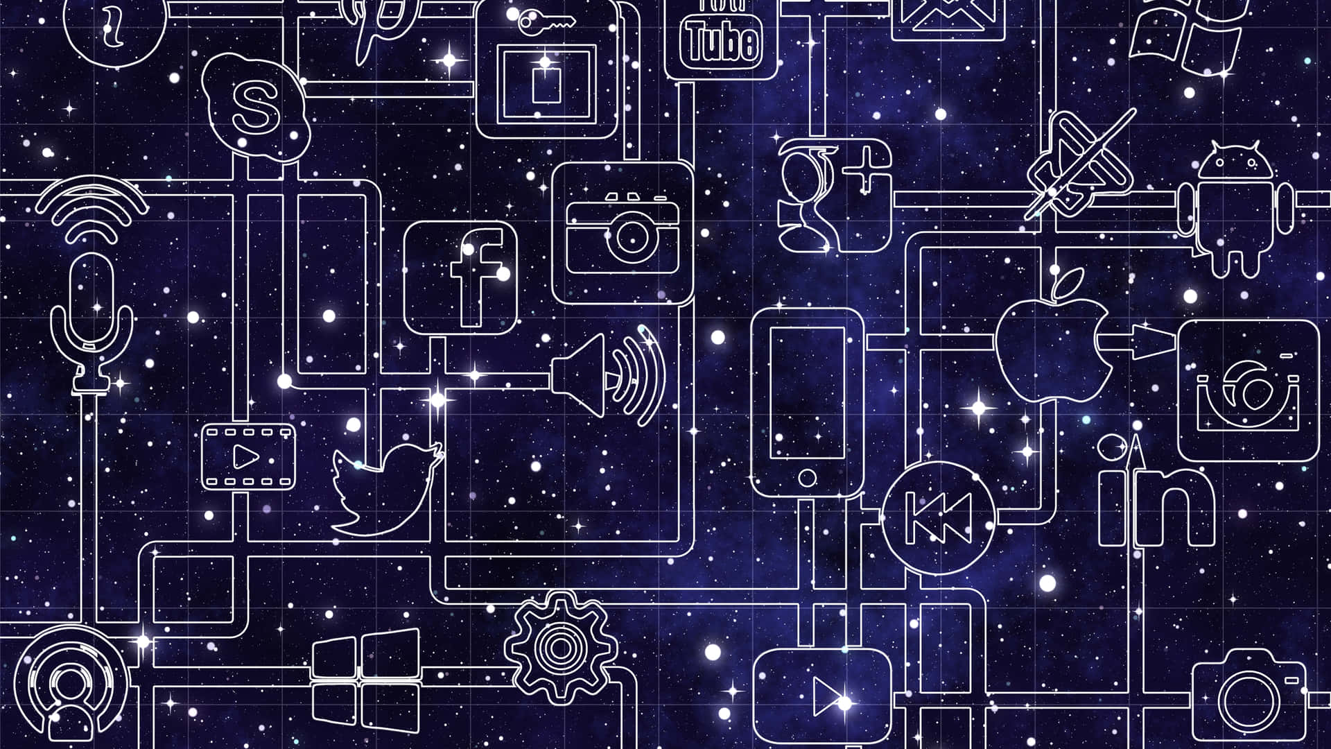 在星空宇宙背景上發光的科技和社交媒體圖標網絡。