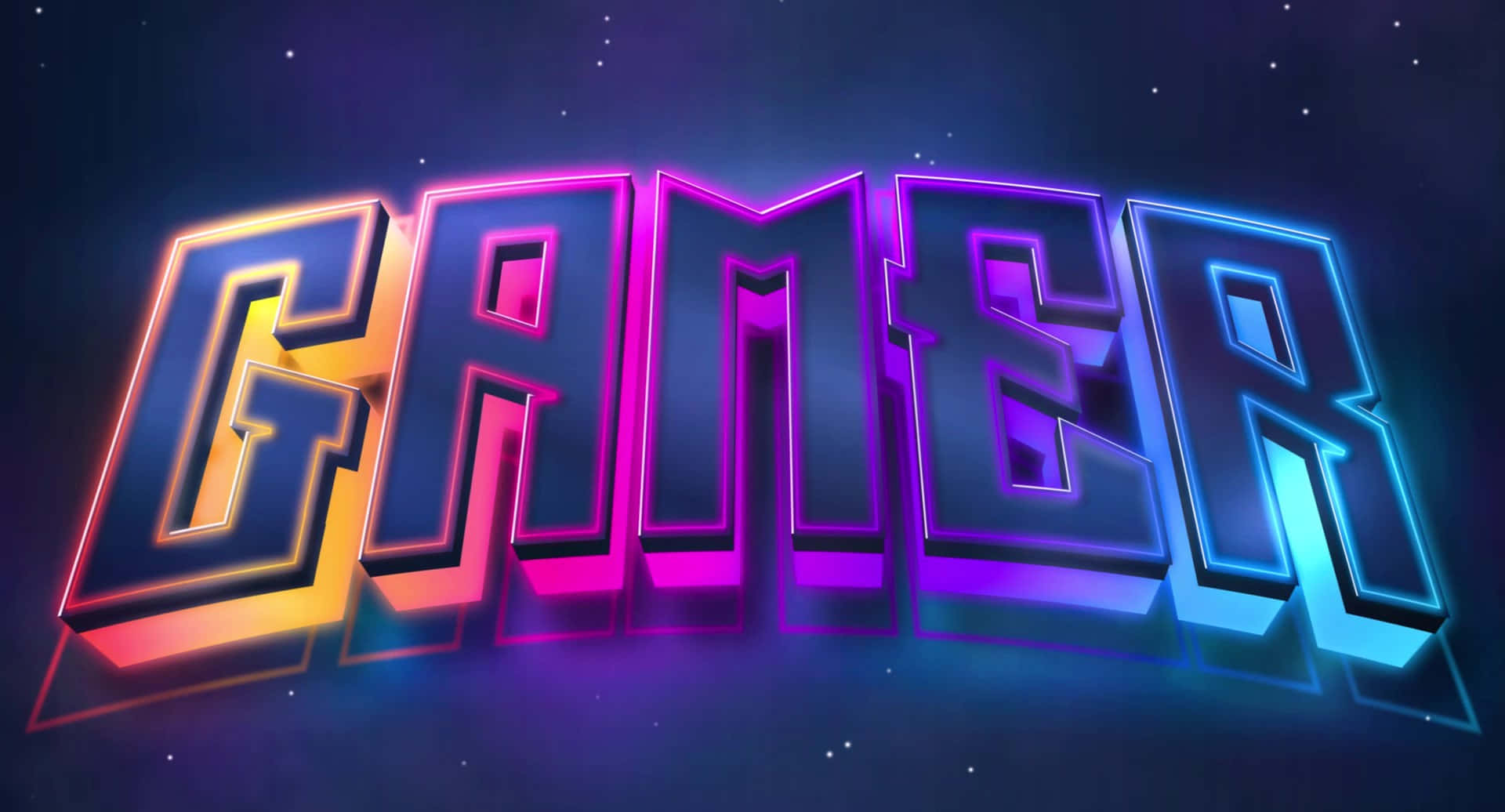 在星空背景下，太空中發光的霓虹「GAMER」文字。