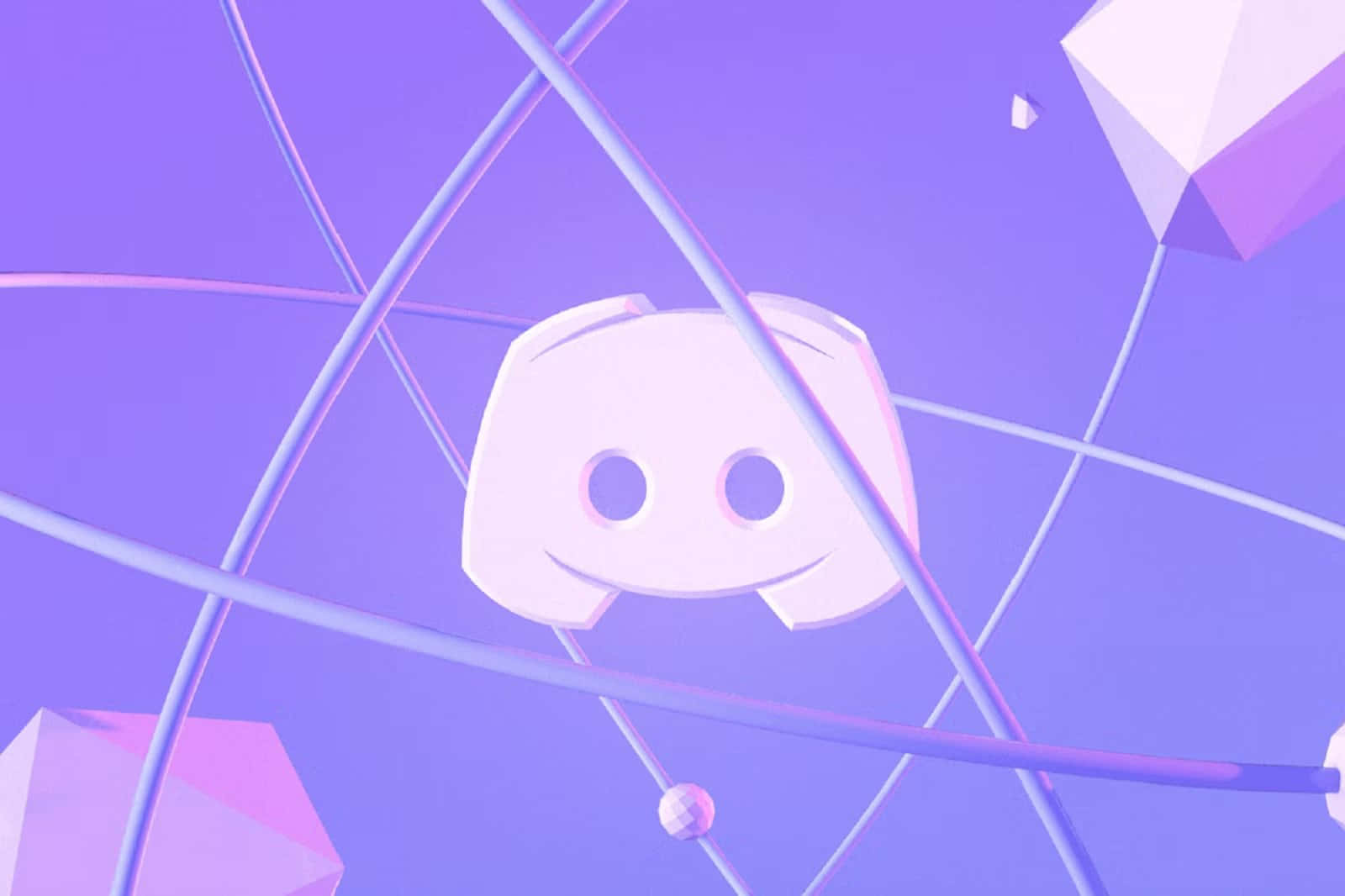 數位時代的連繫之道 – Discord 壁紙 — 一個發光的白色Discord標誌漂浮在浮動的幾何形狀和交錯的霓虹線條之間，背景是柔和的紫色漸變。