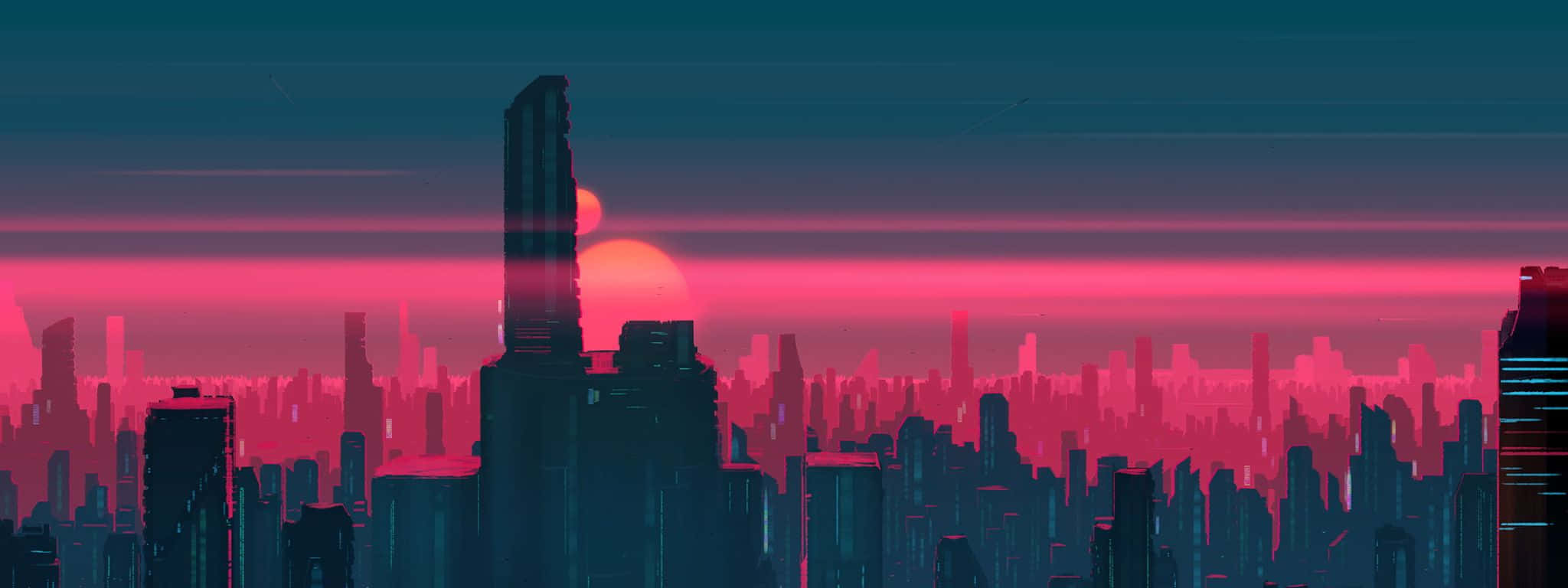 數位波浪穿過城鎮 壁紙 — 日落時分，霓虹燈閃爍的未來城市景觀，高聳的摩天大樓在發光的粉紅色和藍綠色天空下形成剪影。