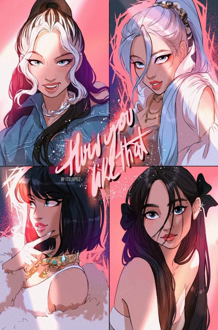 四位動漫風格女性，擁有色彩繽紛的頭髮和華麗的服裝，在充滿活力的粉紅色場景中。