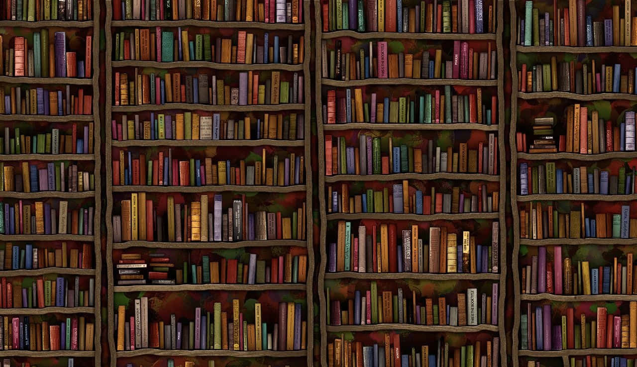 在舒適的圖書館中，木架上排列著色彩繽紛的復古書籍。