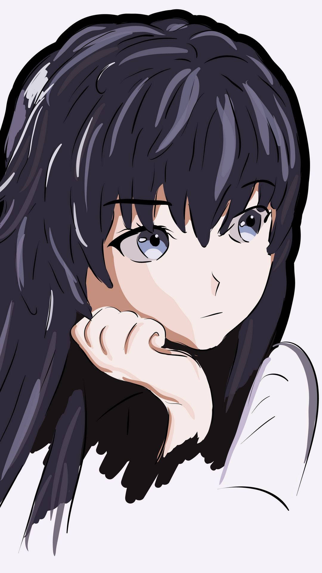 動漫女孩，深色頭髮和藍色眼睛，托腮。