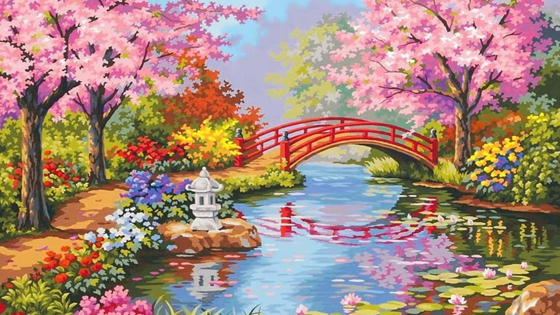 數位繪畫櫻花園景圖 壁紙 — 一幅充滿活力的畫作，描繪了一座紅色拱橋橫跨平靜的小溪，周圍環繞著盛開的粉紅色櫻花樹和色彩繽紛的花朵。