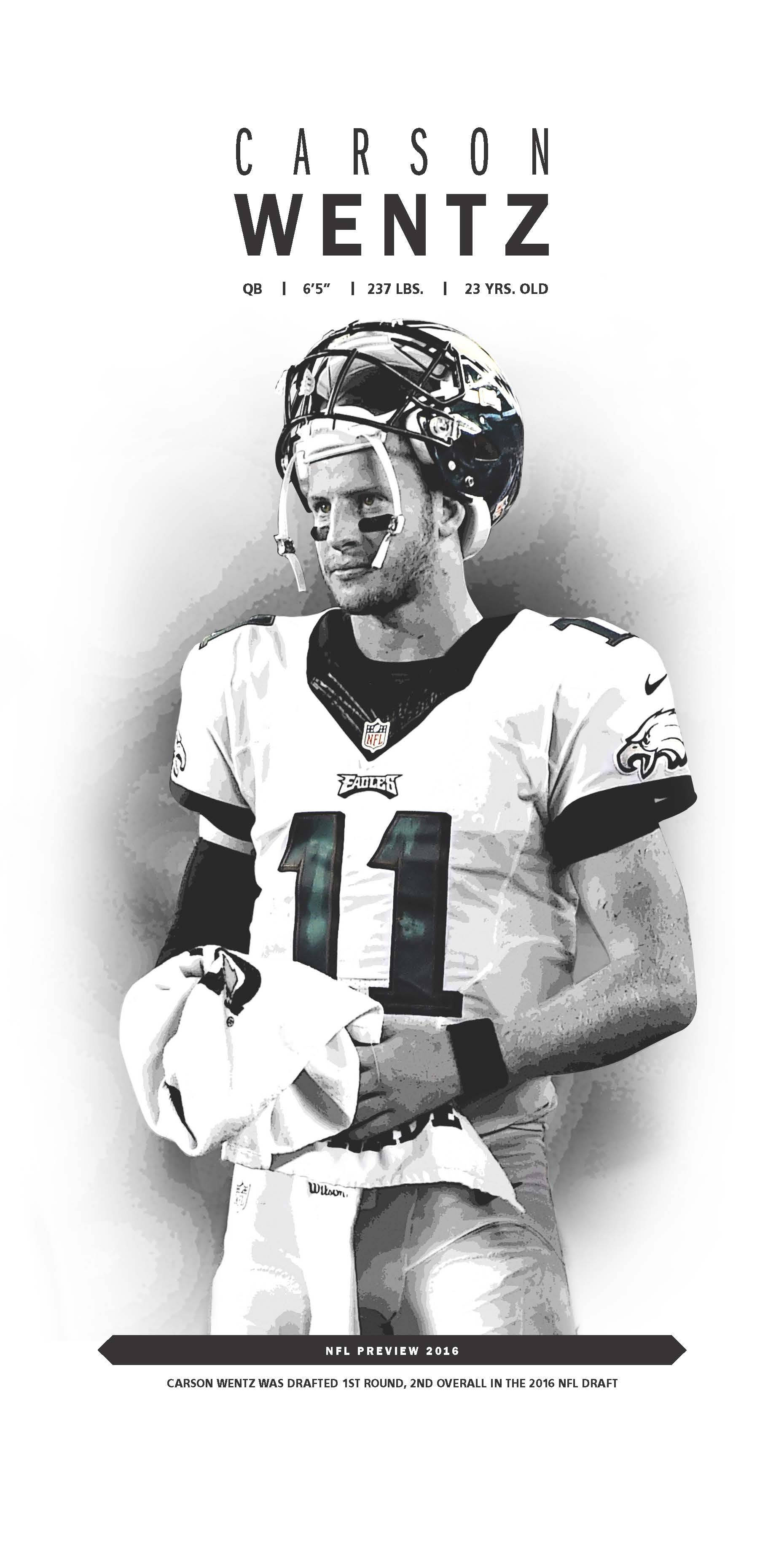 數位繪製卡森·溫茲 壁紙 — NFL四分衛Carson Wentz身穿老鷹隊球衣，手持毛巾並帶有統計文字疊加的黑白肖像。