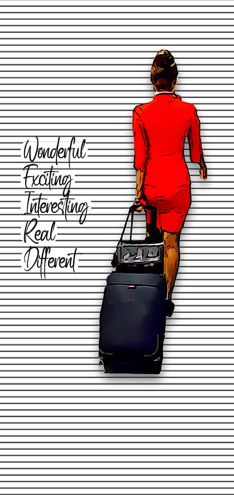 紅裙女性拖行李箱，附有wonderful exciting interesting real different字樣