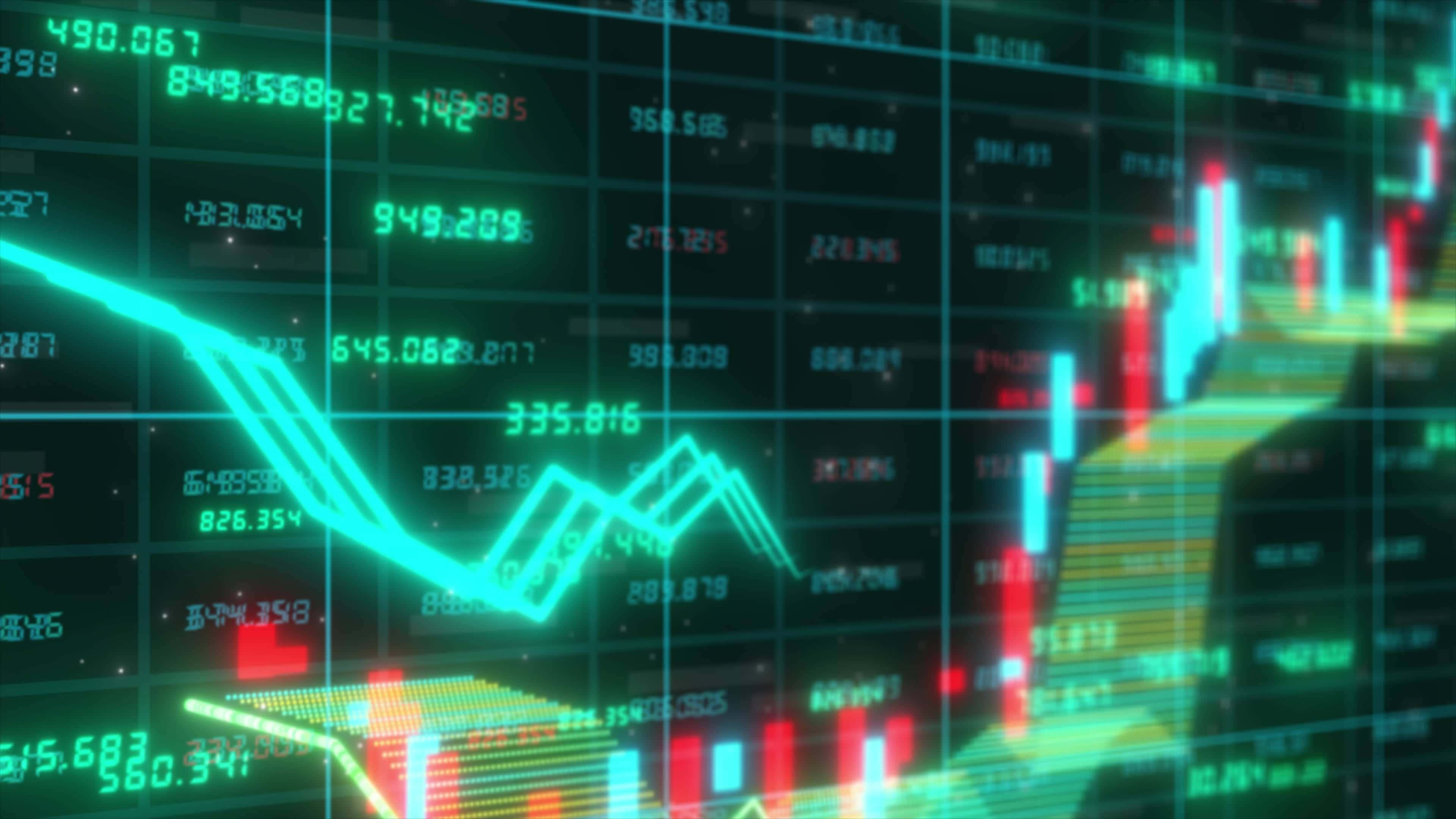Forex 桌布 壁紙 — 數位股票市場儀表板在深色網格背景上顯示發光的綠色和紅色金融圖表及數值數據。