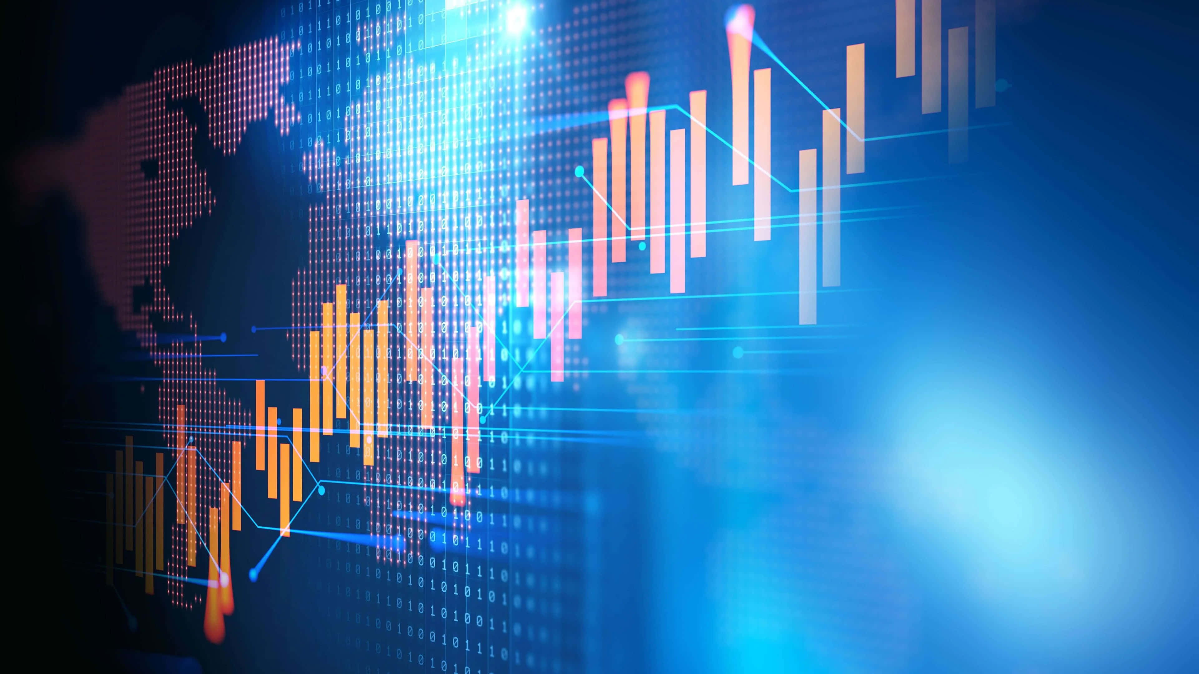 Stock Market 桌布 壁紙 — 數位股票市場圖表在像素化的世界地圖上發光，呈現未來感的藍色和橙色科技視覺化。