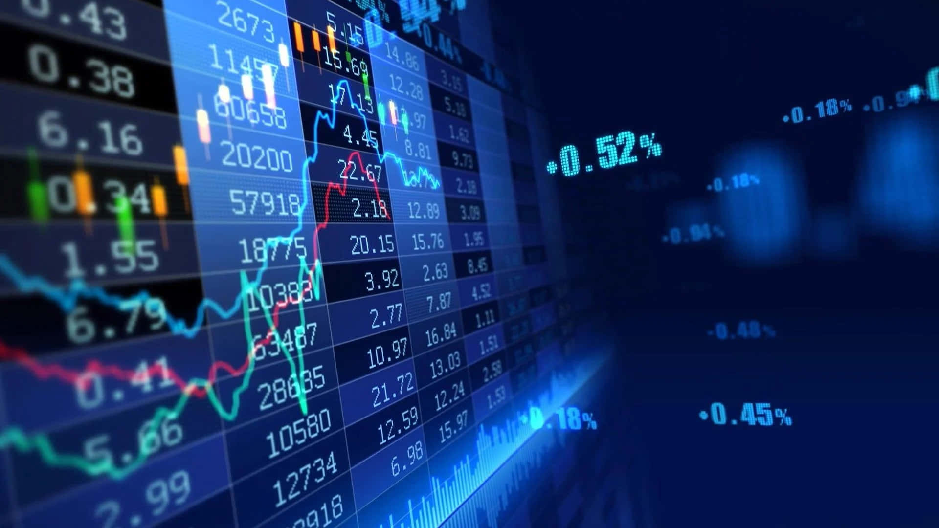 Stock Market 桌布 壁紙 — 數位股票市場圖表在深色背景上閃爍著鮮豔的藍色和紅色，顯示動態的金融數據。
