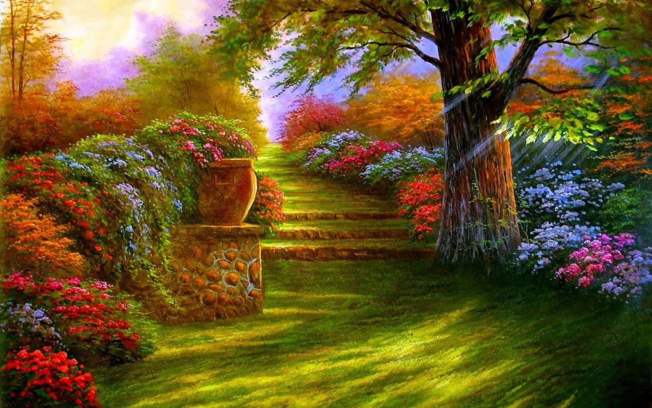 數位花園黃金時刻圖 壁紙 — 陽光穿過茂密的花園，石階蜿蜒經過色彩繽紛的花朵和一棵大樹。