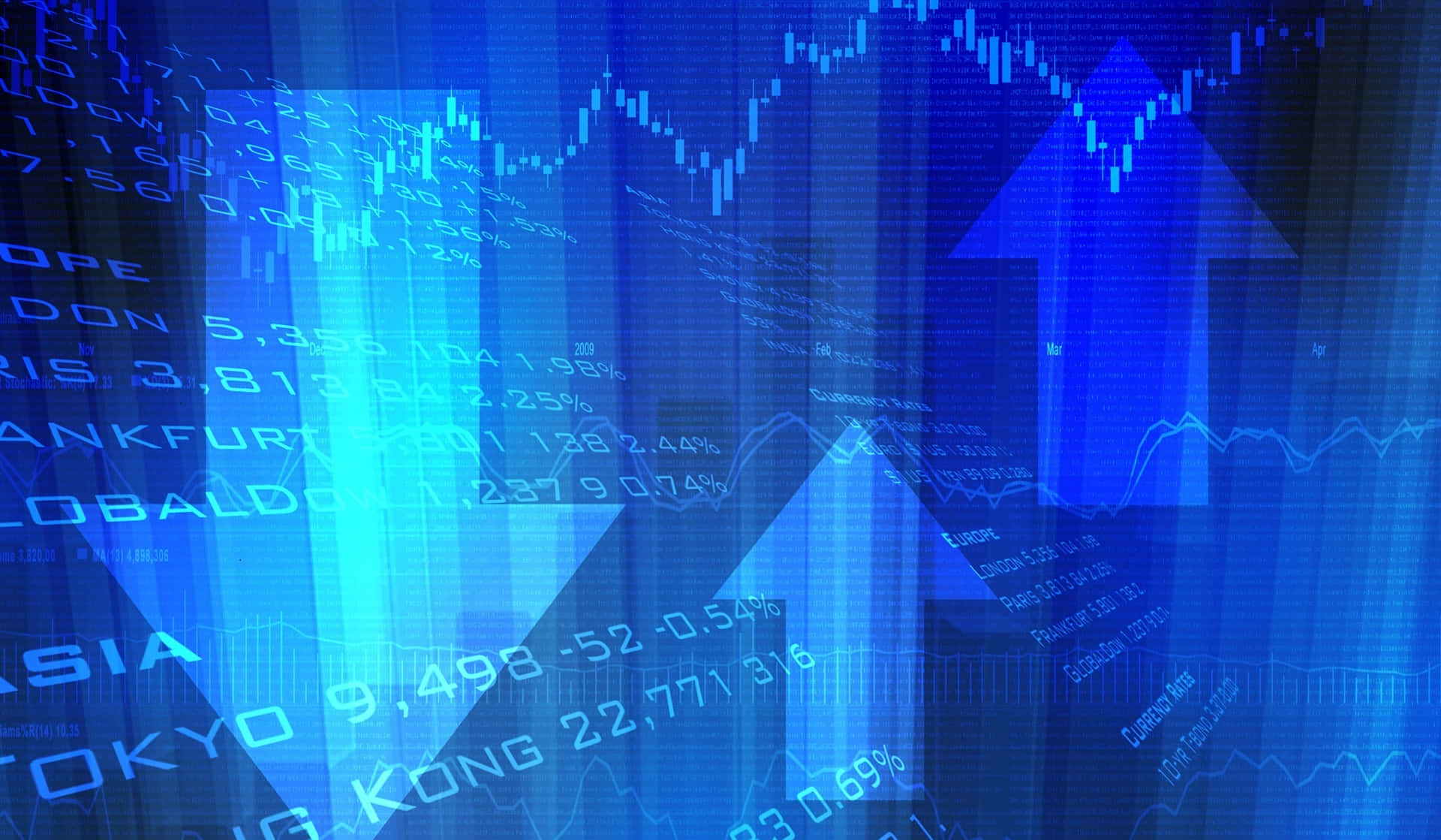 Stock Market 桌布 壁紙 — 數位藍色金融數據流和向上箭頭在深色網格背景上發光。