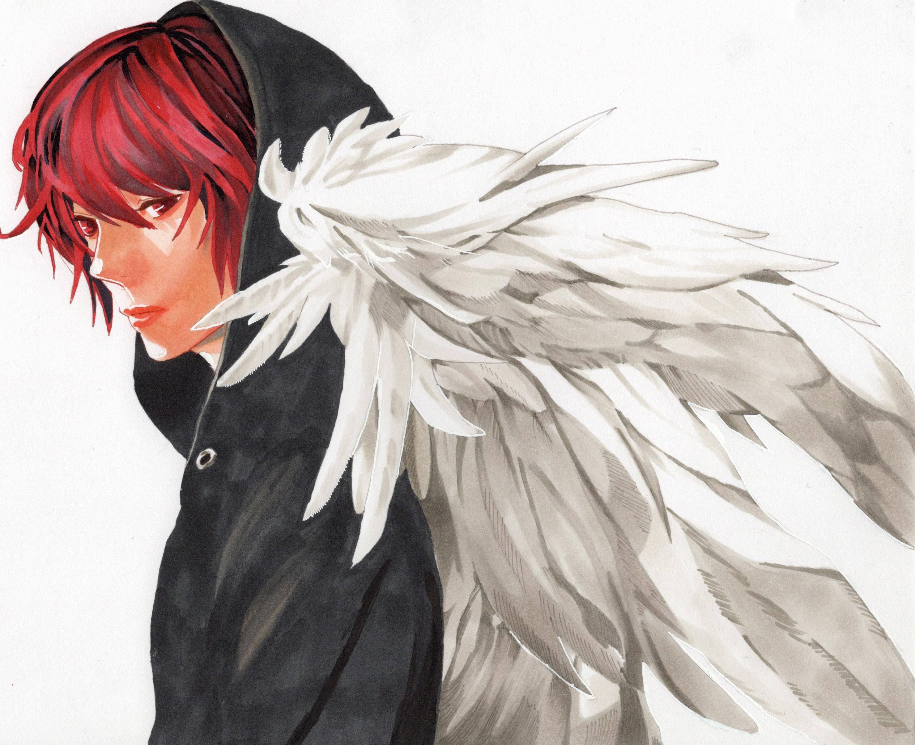 數位藝術 Mirai Kakeshi Platinum End 壁紙 — 一個紅髮動漫角色穿著黑色連帽衫，帶有大型白色天使翅膀，在純白色背景前向下看。