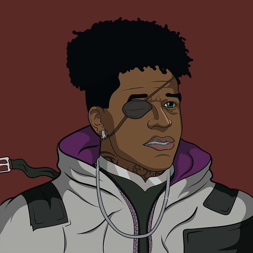 數位藝術 YouTuber Prettyboyfredo 壁紙 — 一個風格化的數碼肖像，描繪一位戴著眼罩和紋身的男子，穿著連帽衫，背景為純栗色。