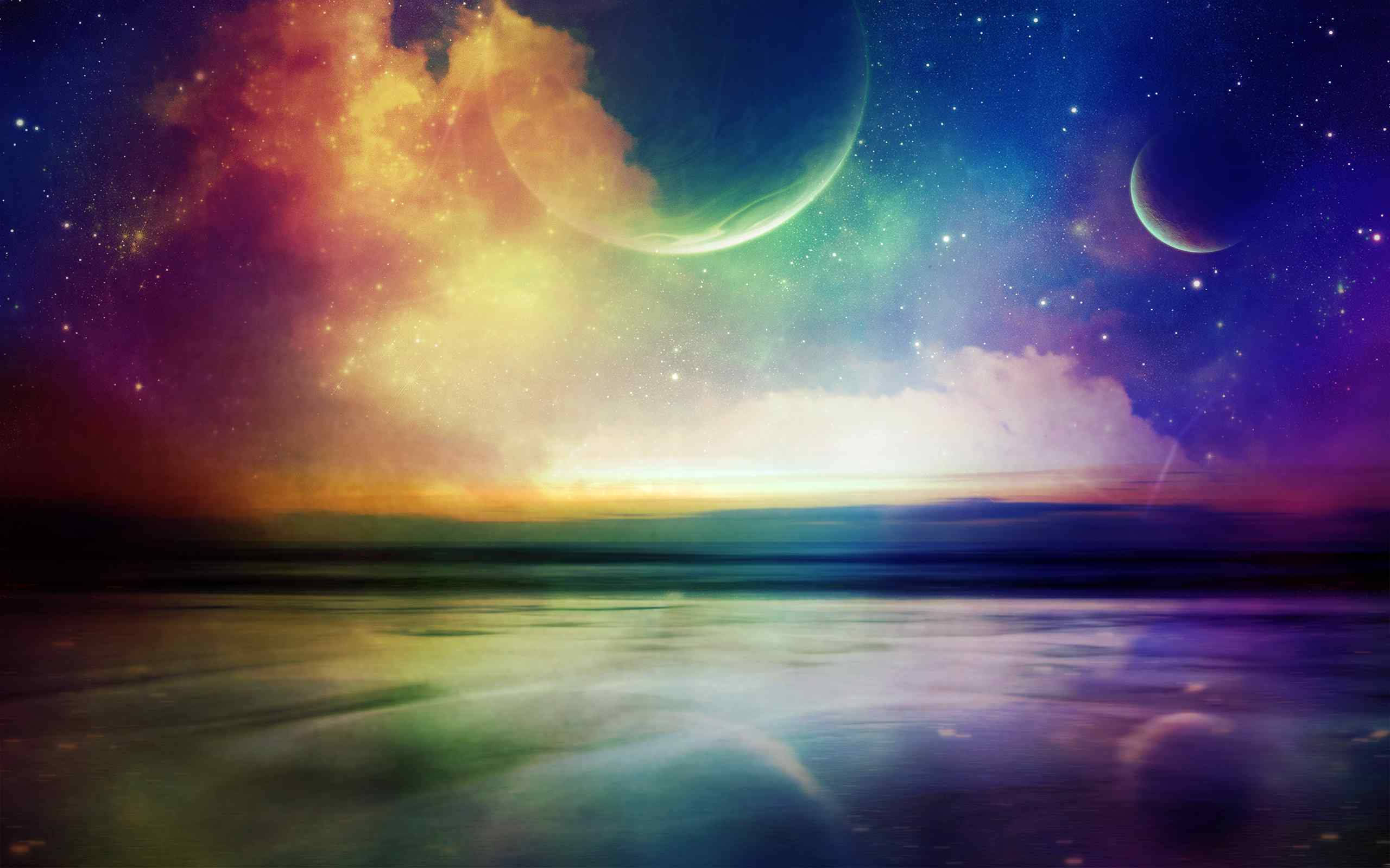 數位藝術：絢麗天空展望 壁紙 — 宇宙海景，發光的星雲和彎月映照在寧靜的外星海洋中，星空下。
