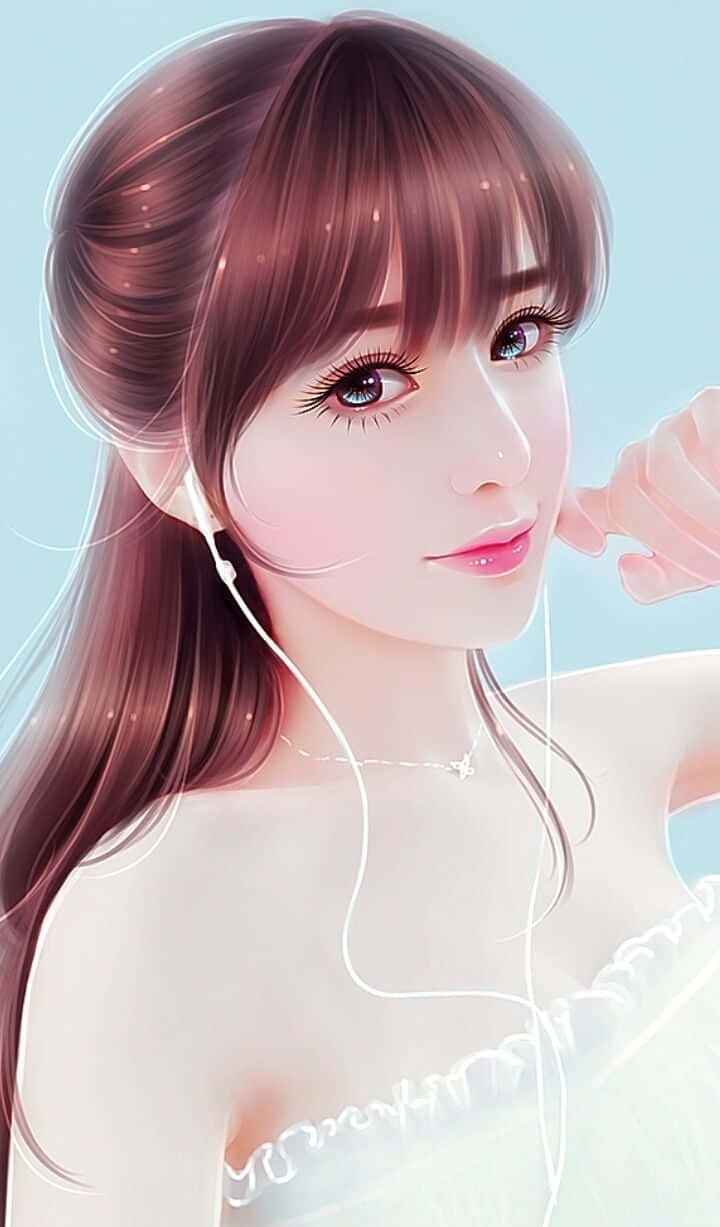 數位藝術亞洲美少女（淡藍背景） 壁紙 — 一個美麗的動漫女孩，長長的棕色頭髮和藍色的眼睛，戴著白色耳機在柔和的藍色背景前聽音樂。