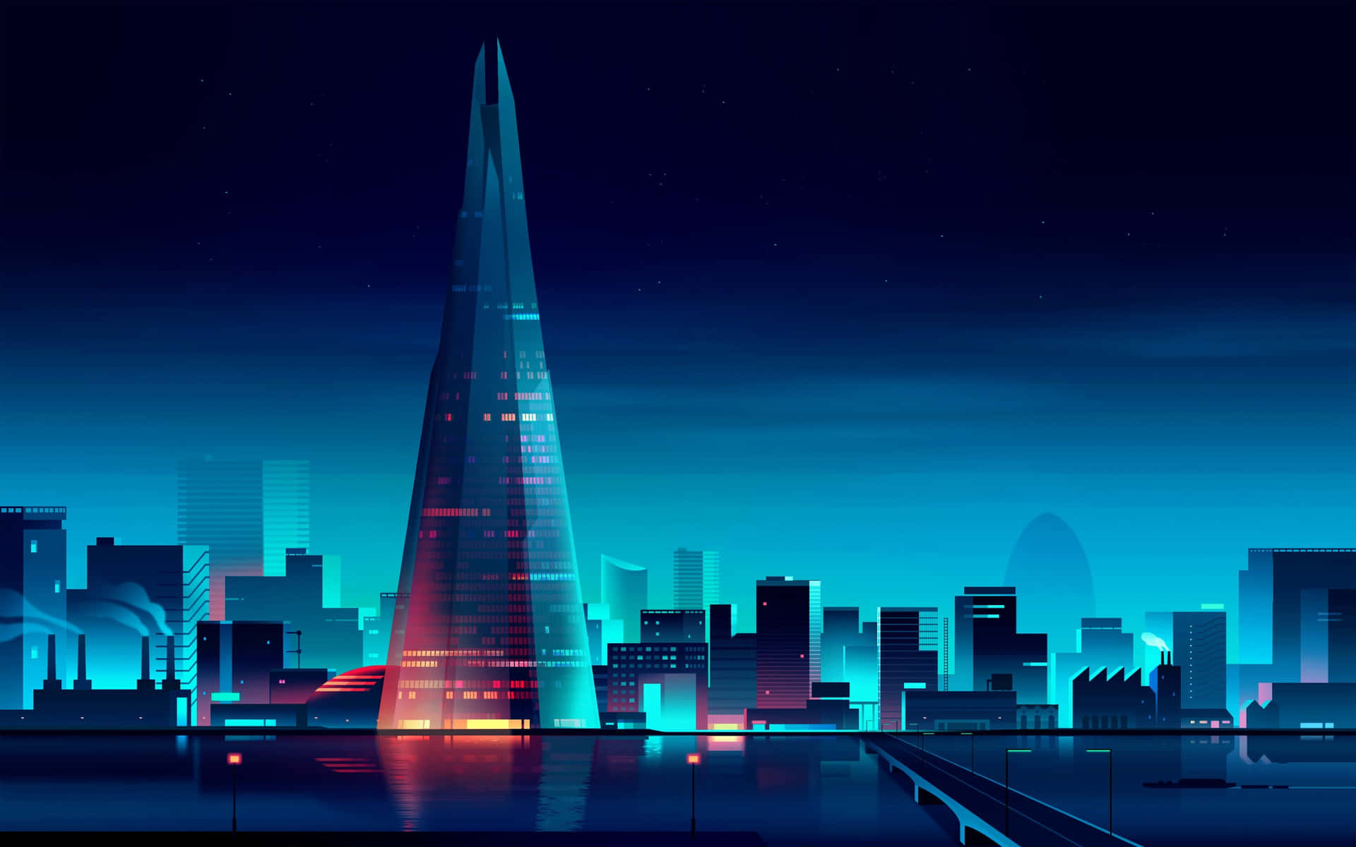 未來城市夜景，發光的摩天大樓和水面倒影。
