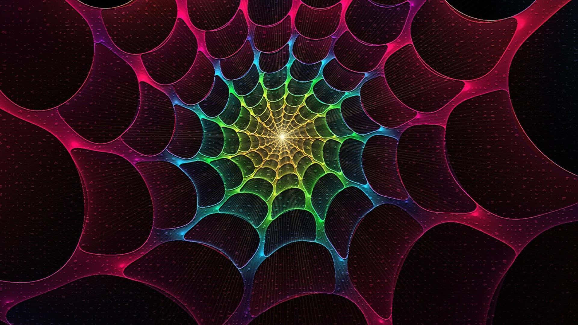 在黑暗背景下，充滿活力的霓虹分形隧道向發光中心螺旋。