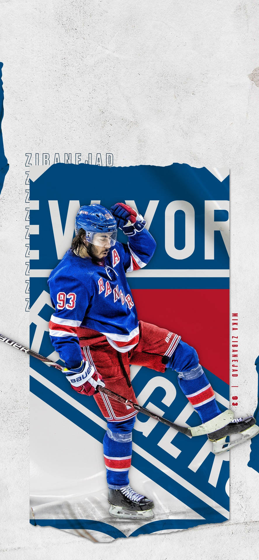 冰球運動員 Mika Zibanejad 身穿遊騎兵裝備，手持球棒在球隊標誌背景前擺姿勢。