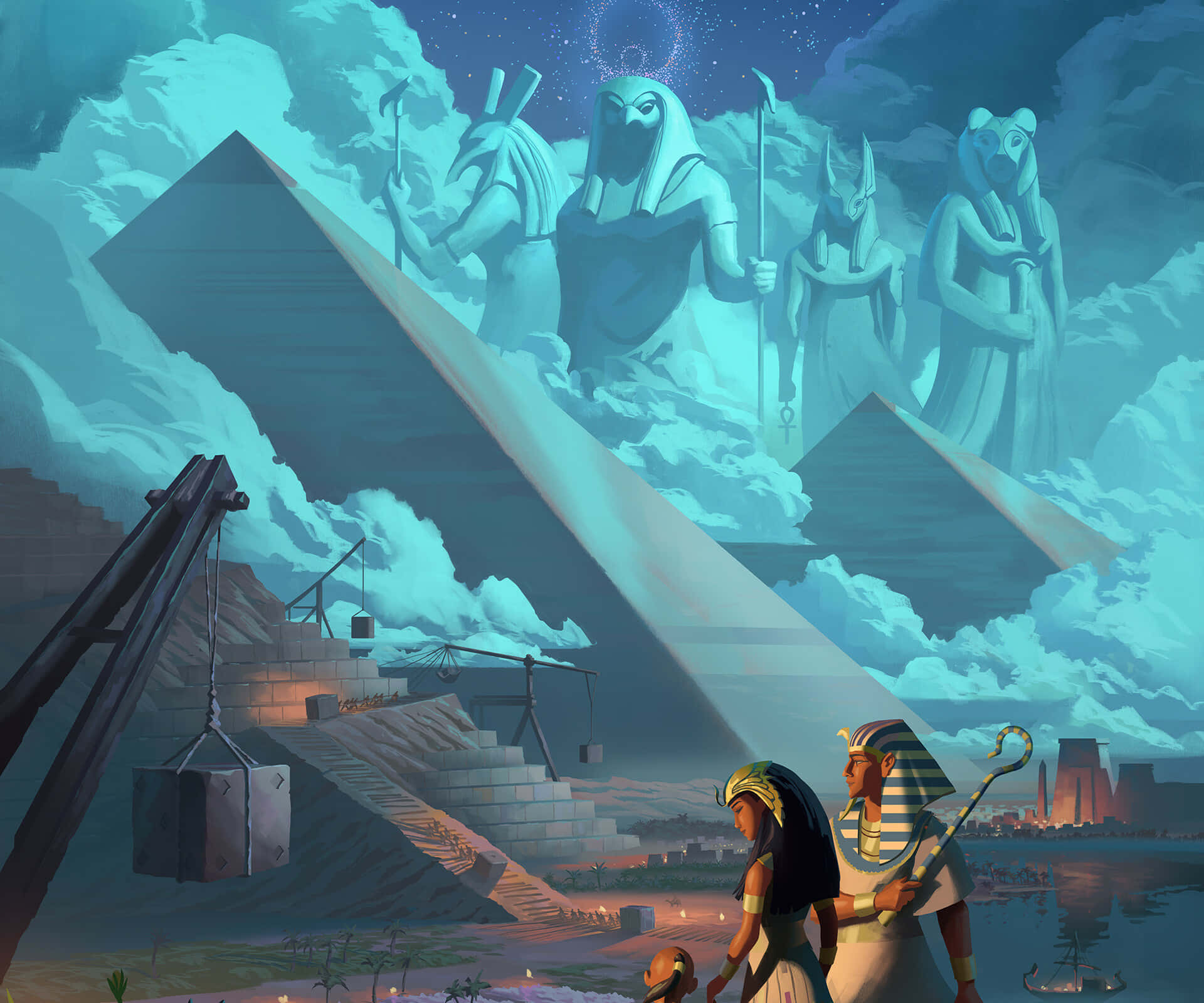數位藝術埃及背景 壁紙 — 古埃及工人在星空下建造金字塔，巨大的神像聳立在上方。