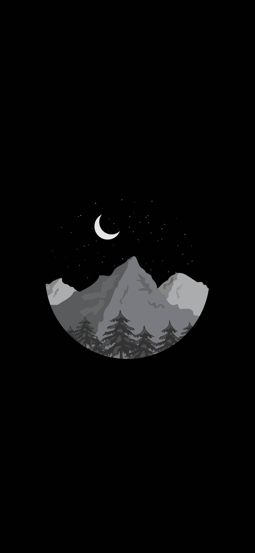 圓形山景，松樹在彎月和星星下。