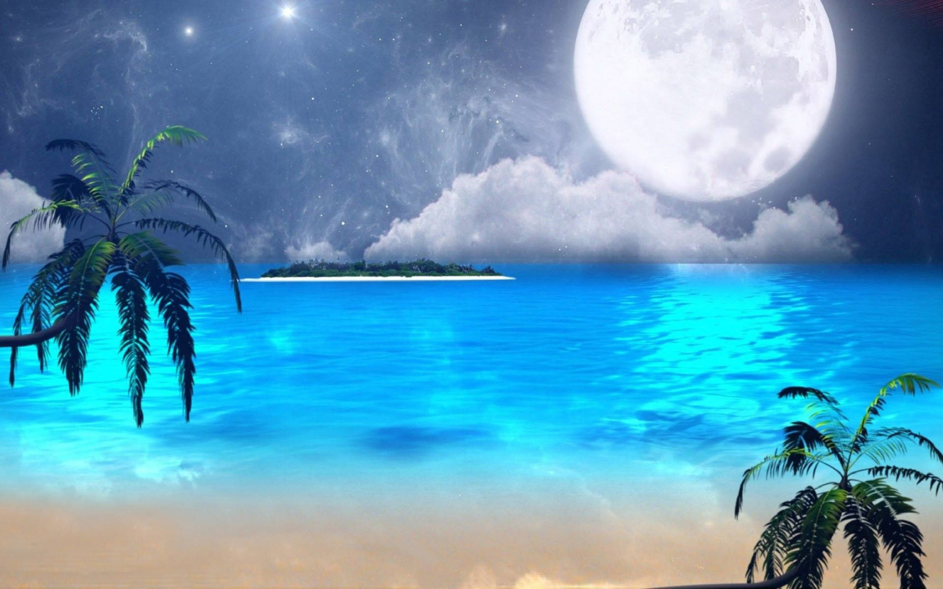 數位藝術滿月灑落海灘 壁紙 — 寧靜的熱帶海灘夜晚，巨大月亮下棕櫚樹環繞遠方島嶼，閃爍藍色海水。