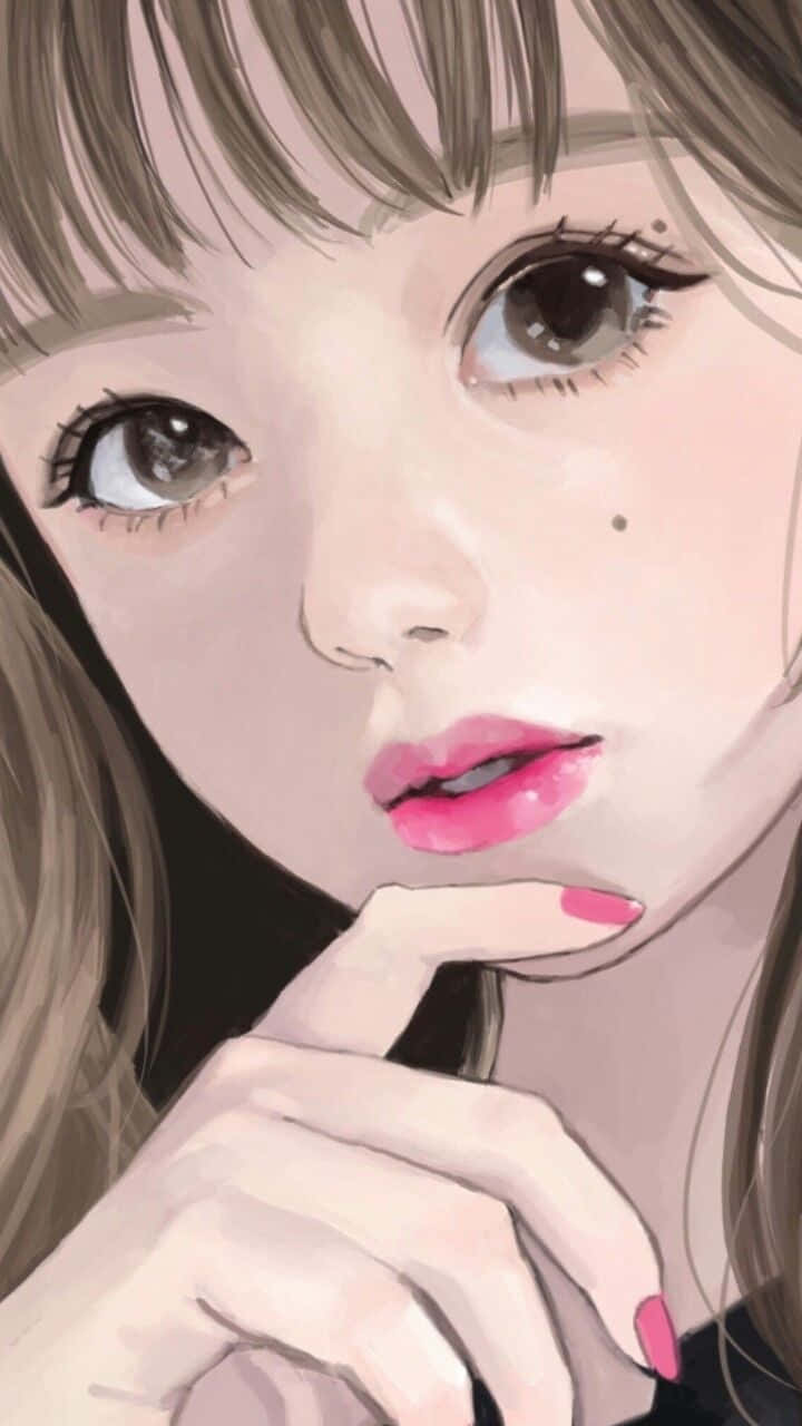 數位藝術粉唇美少女圖片 壁紙 — 一個特寫的動漫女孩，擁有大大的棕色眼睛和粉紅色的嘴唇，輕輕地將手指放在下巴上。