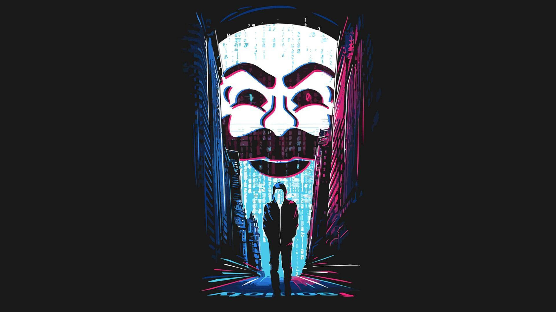 數位藝術街景中的黑客面具 壁紙 — 一個穿著連帽衫的孤獨身影，站在霓虹燈閃爍的賽博朋克小巷中，一個巨大的發光蓋伊·福克斯面具下方。