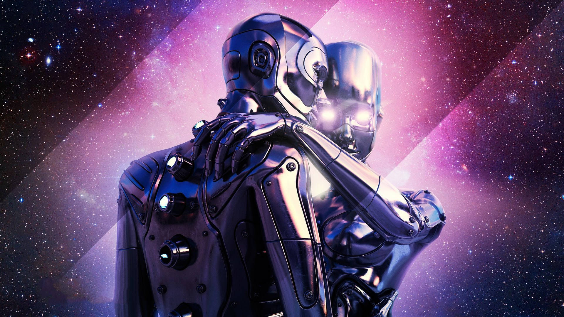 數位藝術配對機器人 壁紙 — 兩個鉻合金機械人在充滿活力的紫色星空中擁抱，伴隨著發光的光束。
