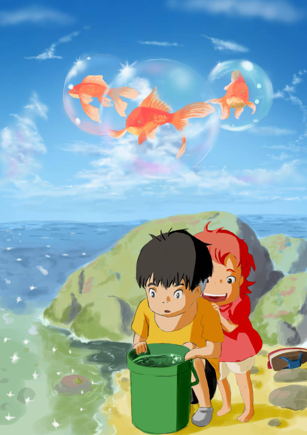 數位藝術金魚龜鰭 壁紙 — 兩個孩子在陽光明媚的海灘上仰望三條發光的橙色金魚在透明的氣泡中游動。