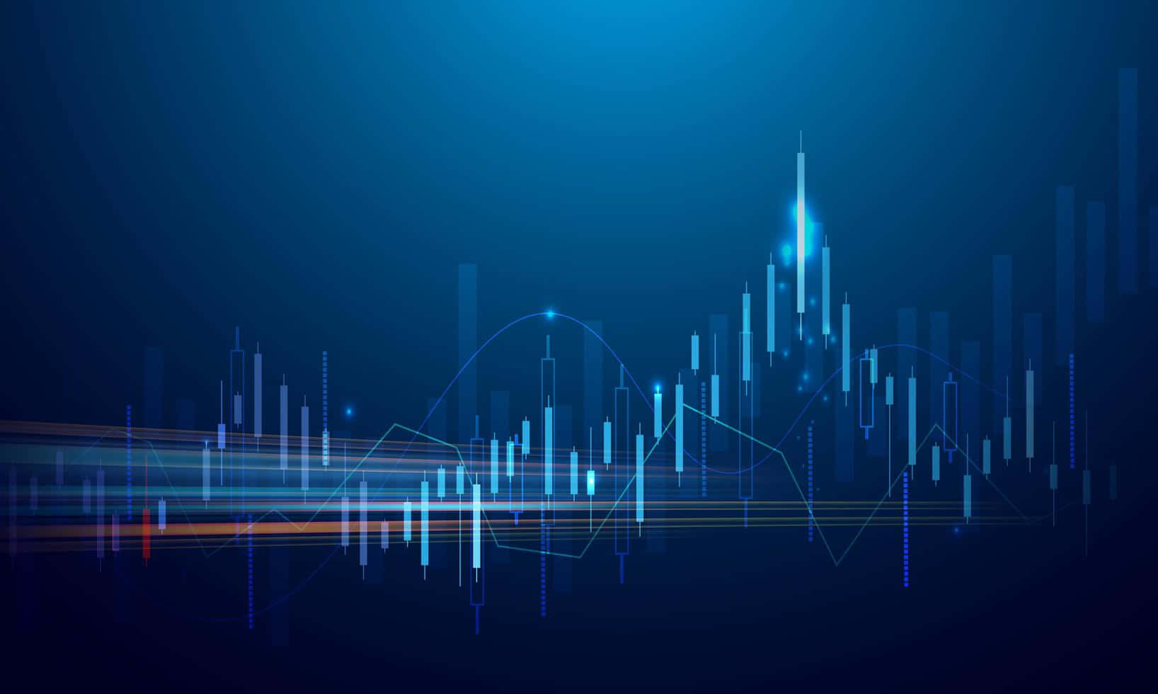 Stock Market 桌布 壁紙 — 數位蠟燭圖，帶有發光的線條和數據條，背景為深藍色漸變。