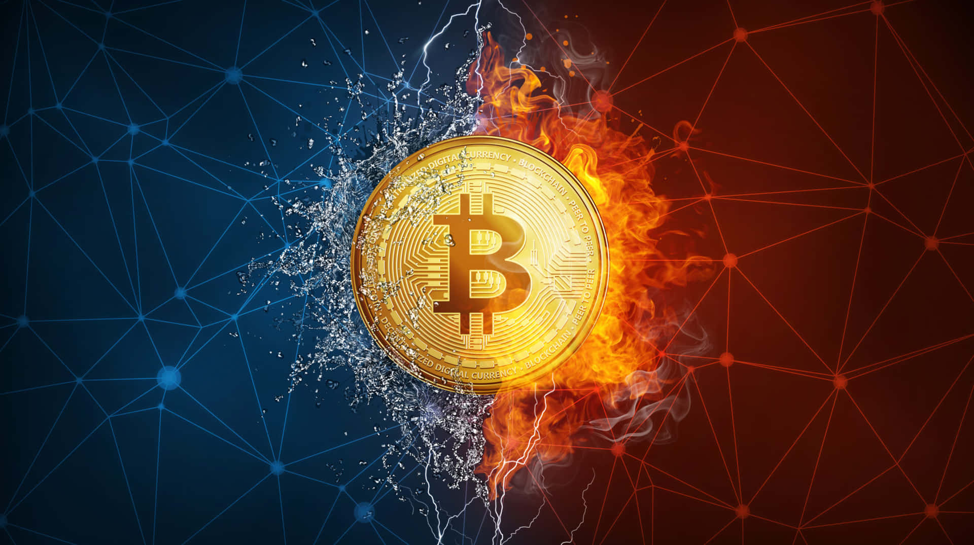 金色比特幣被火和水分割，背景為數碼網絡。 — 比特幣 壁紙