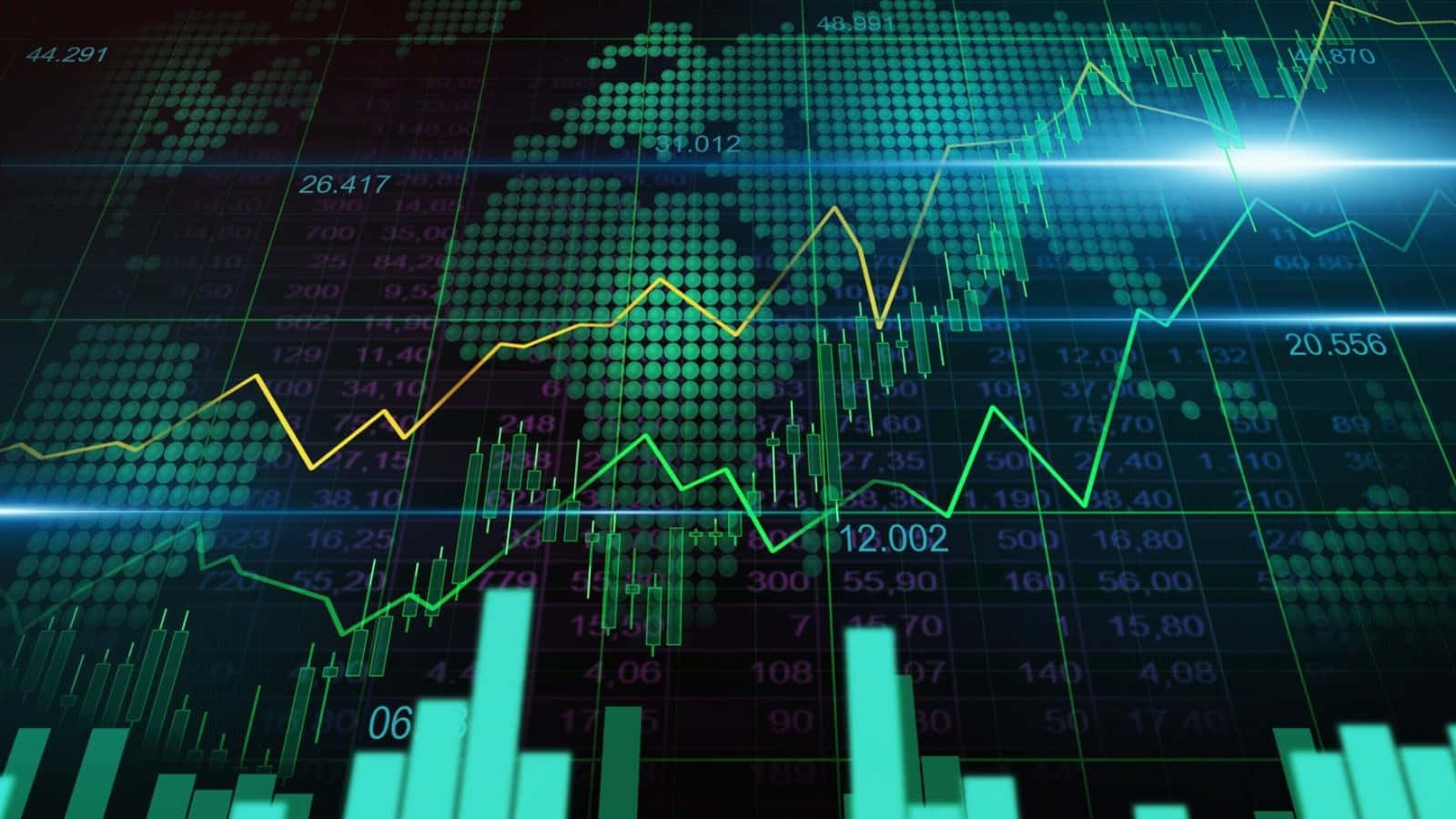 Trading 桌布 壁紙 — 數位金融儀表板，在深色網格上顯示發光的綠色和黃色股票圖表及全球數據點。