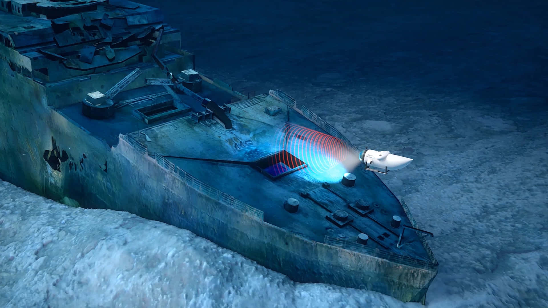 一艘沉沒的軍艦在冰冷的海洋水下發出發光的能量光束。