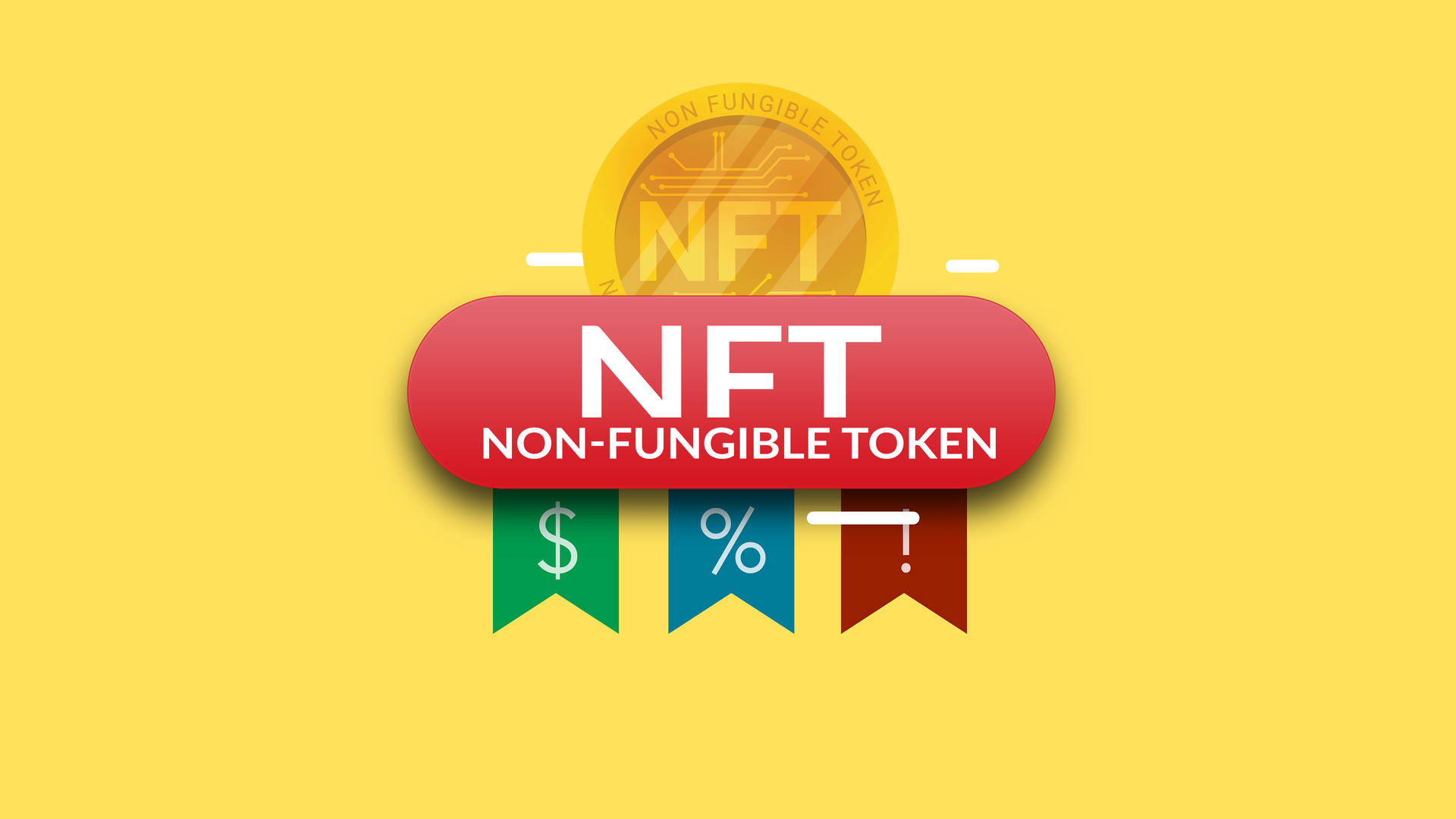 NFT 非同質化代幣圖形，在黃色背景上帶有硬幣和金融符號。