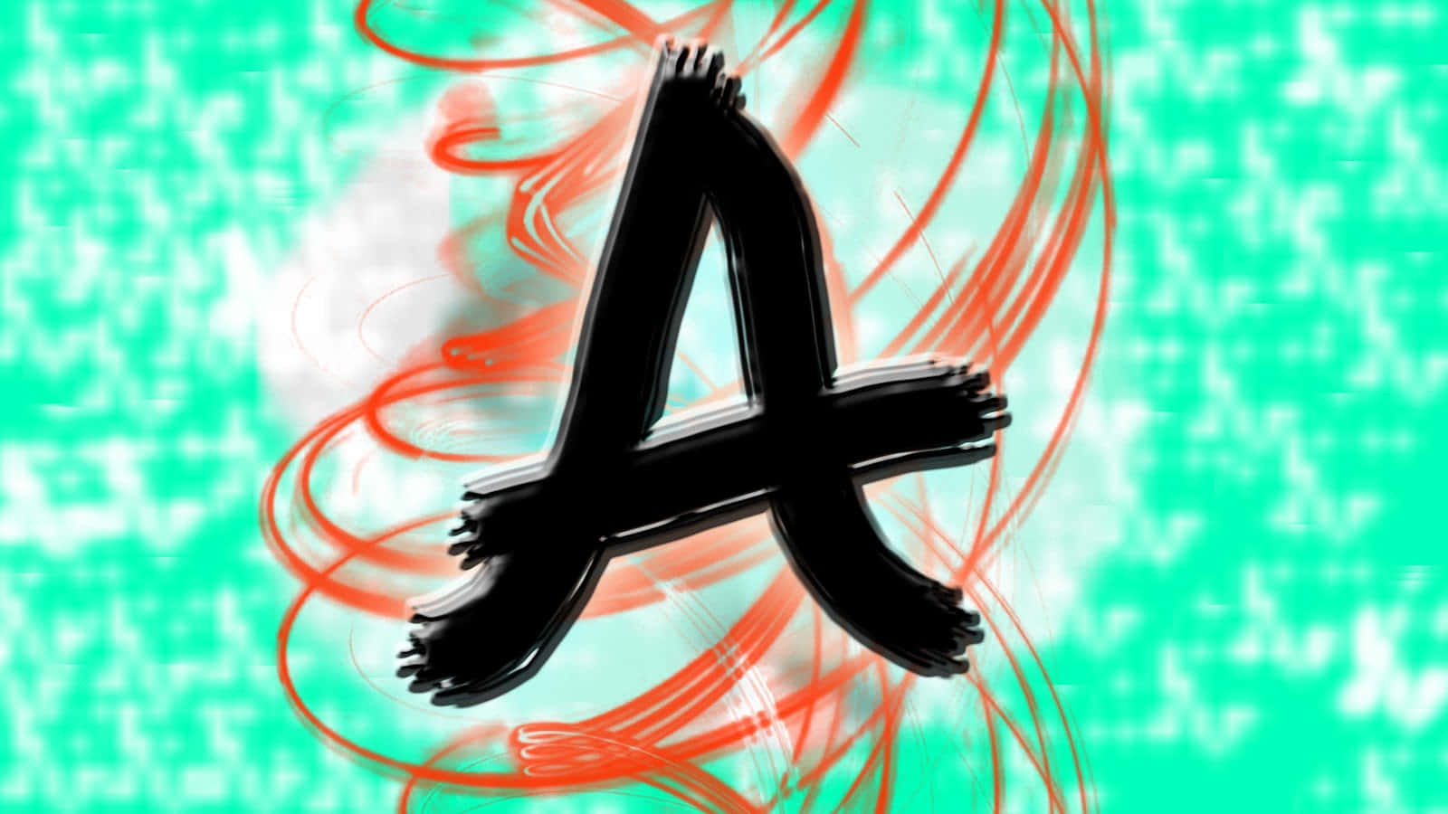 數位風格字母A背景 壁紙 — 一個大膽的黑色風格化字母A在青綠色背景上動態旋轉，帶有發光的橙色條紋和白色數位噪點。