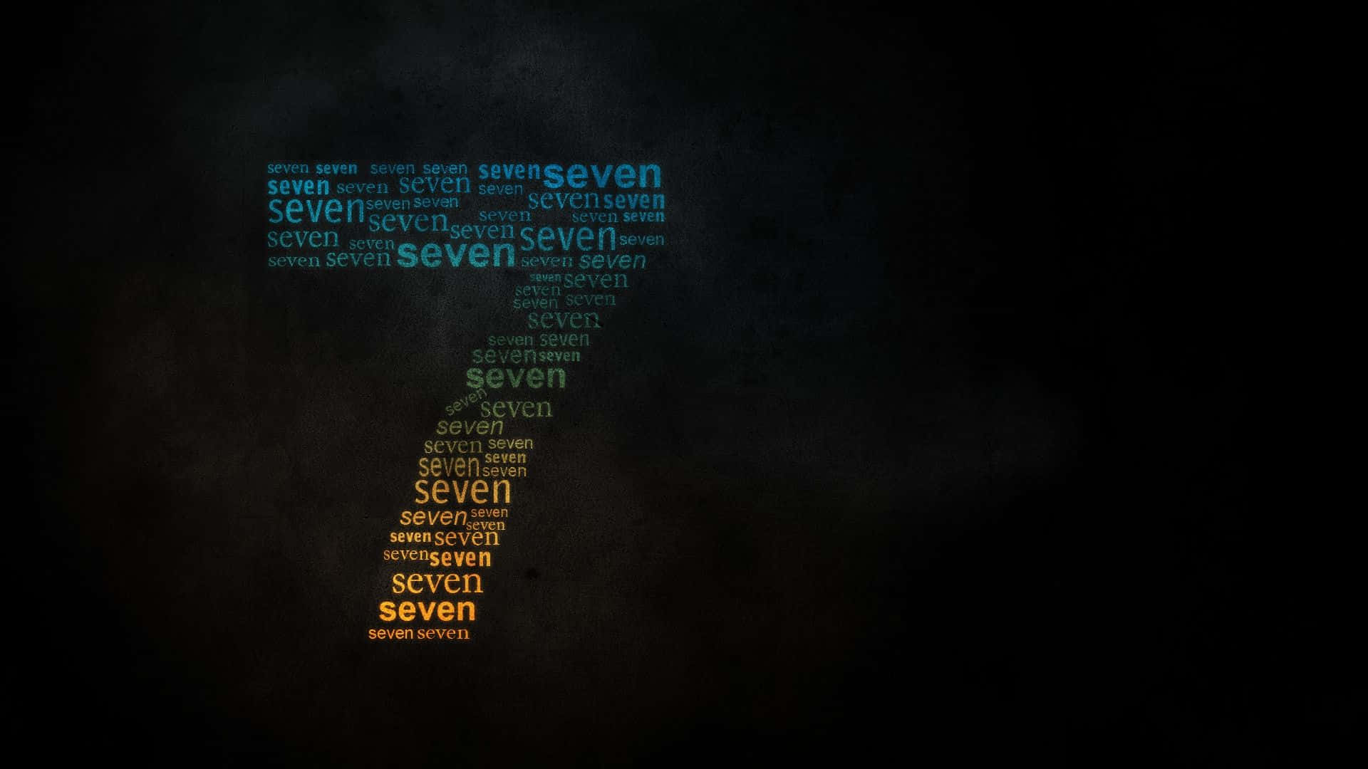 數字7——平衡與幸運的象徵 壁紙 — 一個由單詞「seven」以漸變藍色和橙色在深色紋理背景上形成的問號。