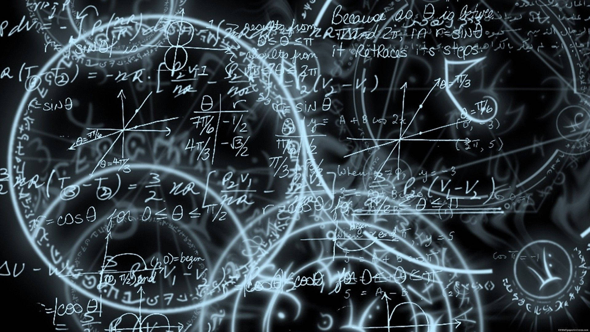 數學探索科學的奧秘 壁紙 — 一個發光的數學方程式和圖表網絡在黑暗的空間中漂浮，就像宇宙的頭腦風暴。