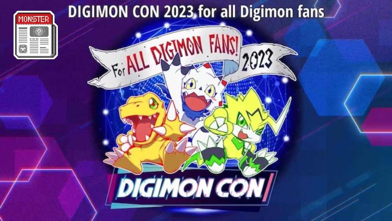 數碼寶貝 Digicon 2023 圖片 壁紙 — 三個開心的數碼暴龍角色從發光的橫幅中衝出，背景是充滿活力的紫色和藍色六邊形數位背景。