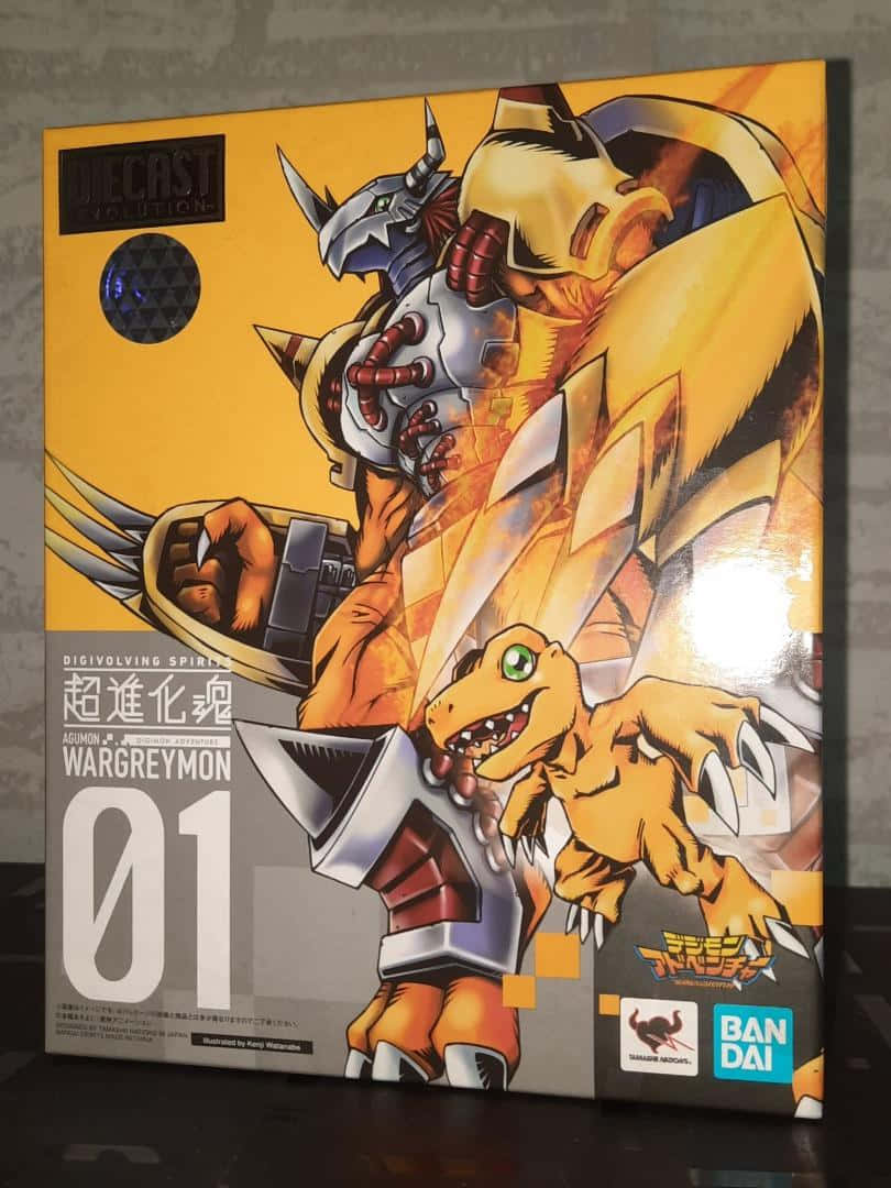 數碼寶貝灰燼獸01光碟圖 壁紙 — 充滿活力的動漫風格盒裝藝術，以數碼寶貝角色戰鬥暴龍獸和亞古獸在火黃色背景上擺出動態戰鬥姿勢。