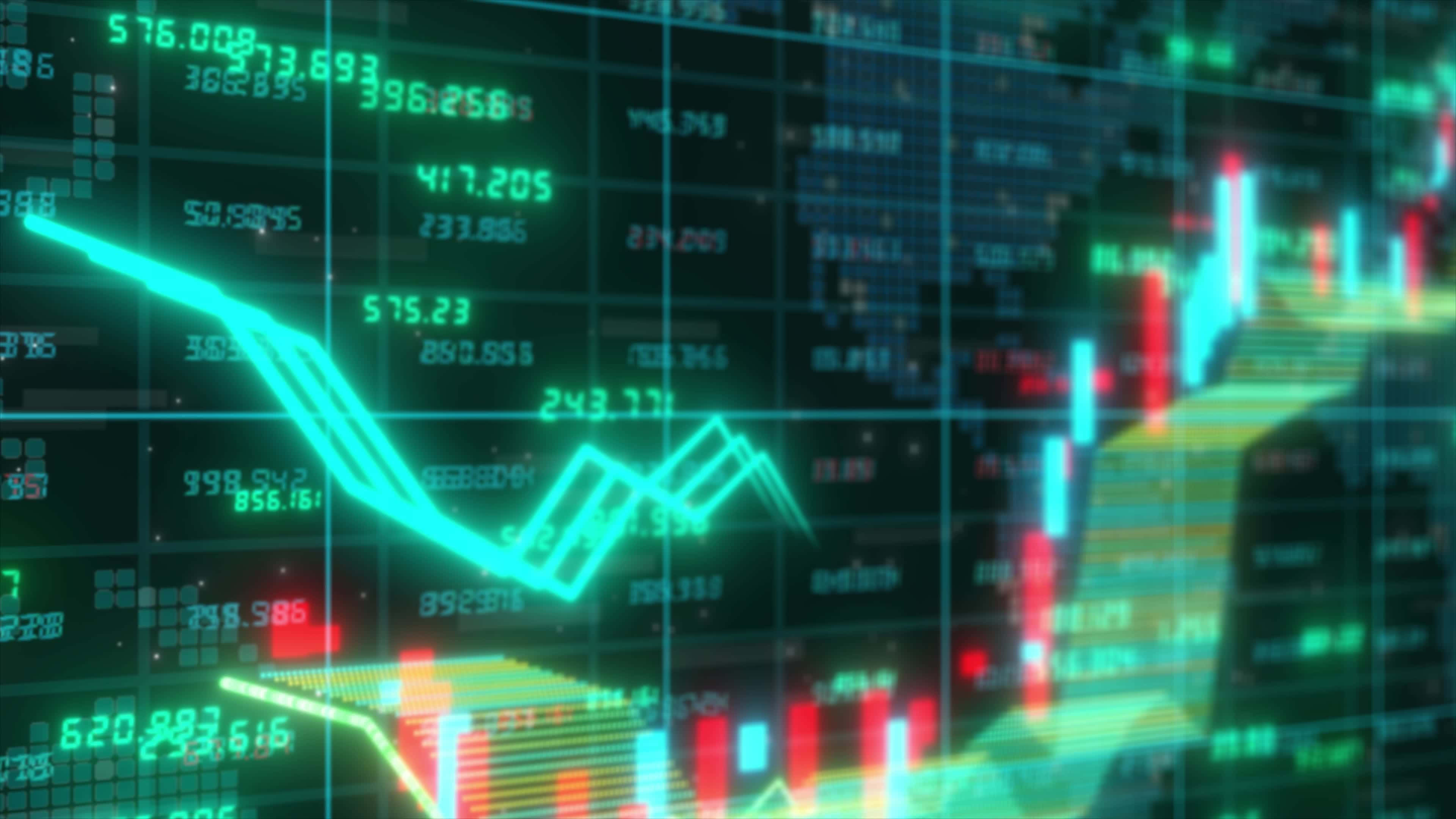 Stock 桌布 壁紙 — 數碼股票市場儀表板在深色背景上顯示發光的綠色和紅色金融圖表及數字。