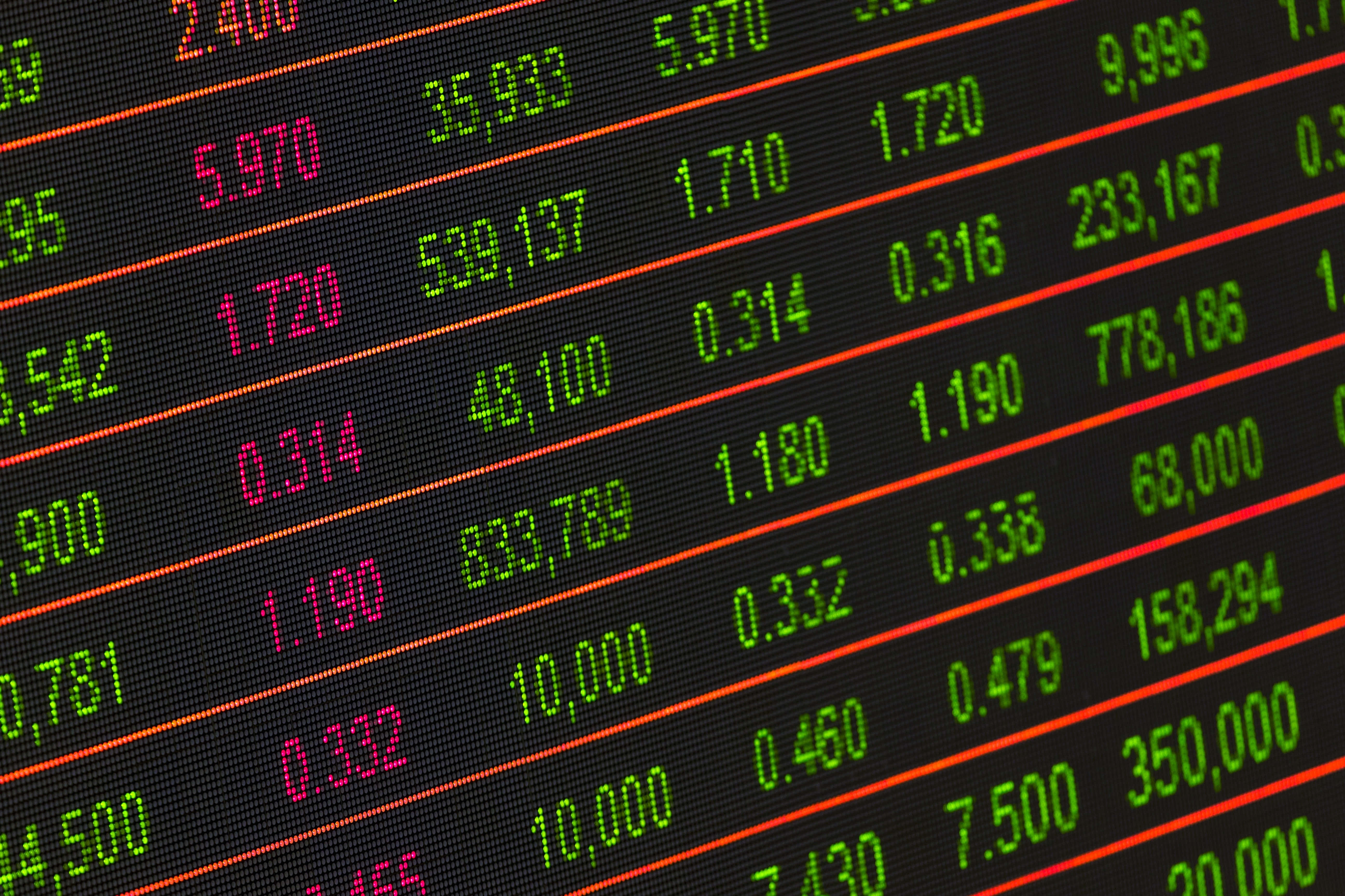 Stock Market 桌布 壁紙 — 數碼股票行情顯示器的特寫，在黑色背景上顯示發光的綠色和紅色數字。