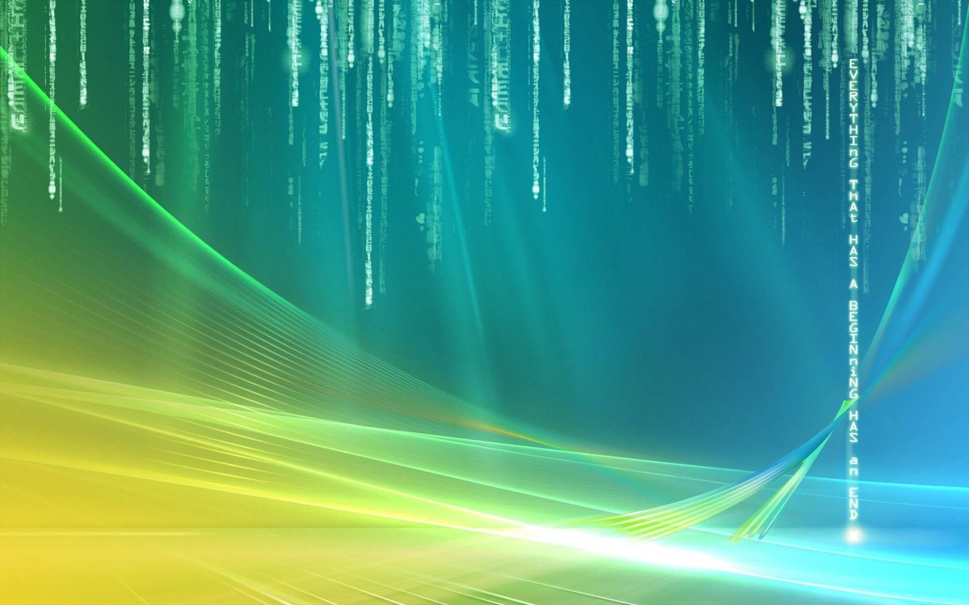 Matrix Windows Vista 壁紙 — 數碼雨點沿著漸變青綠和黃色的抽象背景流下，帶有發光的燈光條紋。