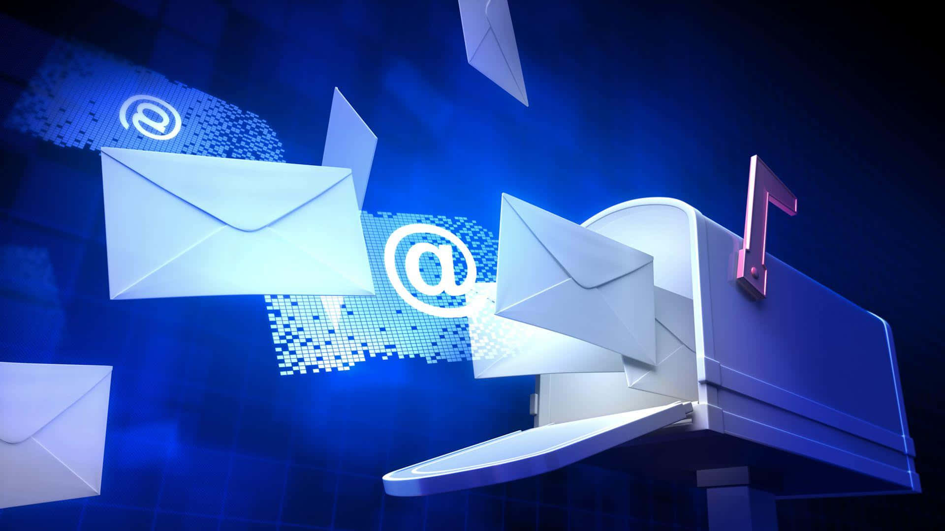 Email 桌布 壁紙 — 數碼電郵圖標和信封從一個未來風格的郵箱中湧出，背景是發光的藍色像素化背景。