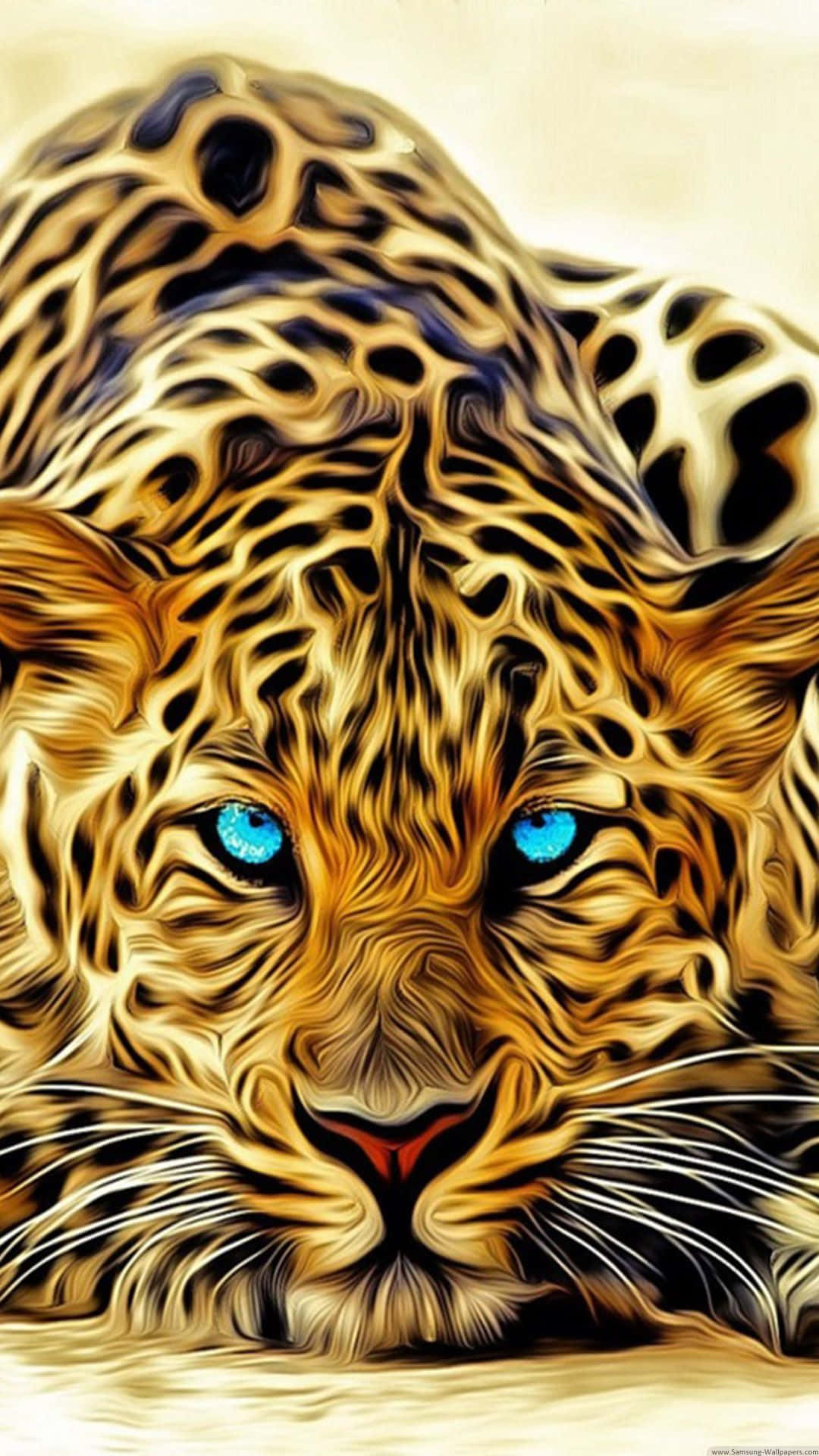 3d Animal 桌布 壁紙 — 數碼風格化的豹子特寫，擁有銳利的藍色眼睛和金色皮毛圖案，強烈地向前凝視。