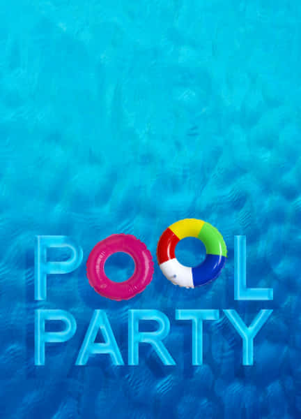 藍色水面上的「POOL PARTY」文字和彩色浮圈。