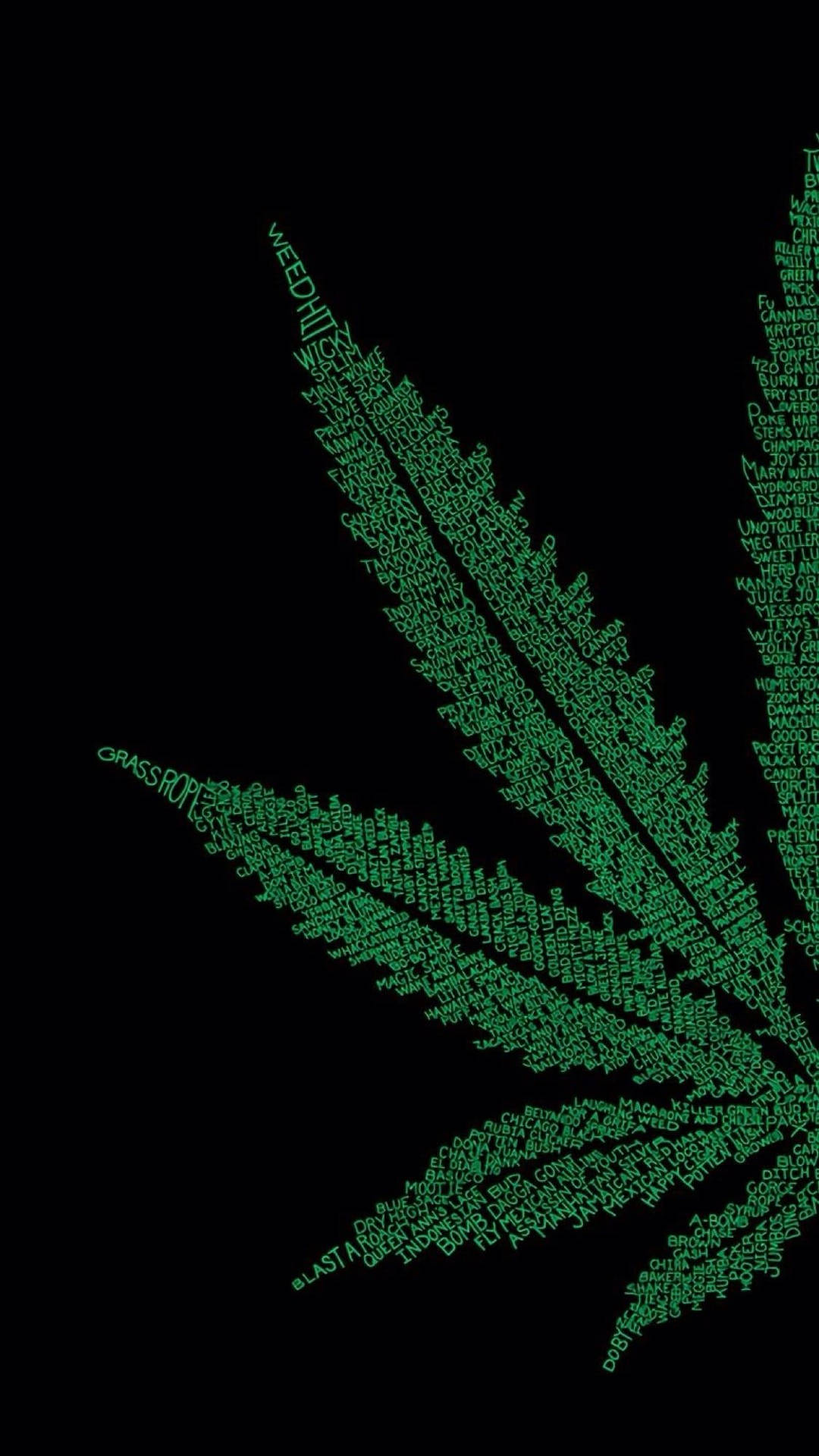 綠色大麻葉由文字單詞在黑色背景上製成。