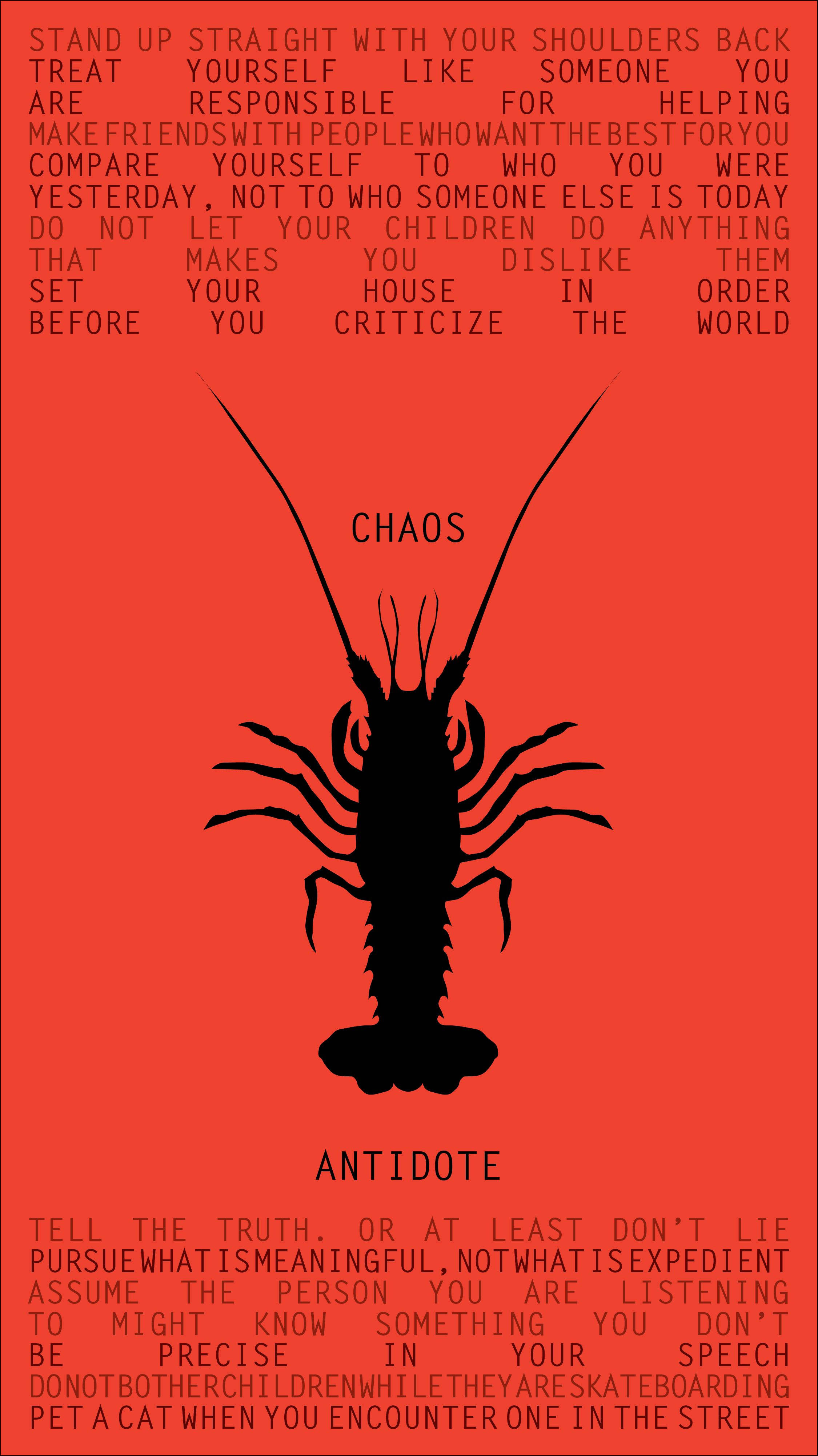 文字裝飾龍蝦海報插畫 壁紙 — 大膽的紅色背景上有一個標有「CHAOS」的黑色龍蝦剪影，上下方有勵志文字。