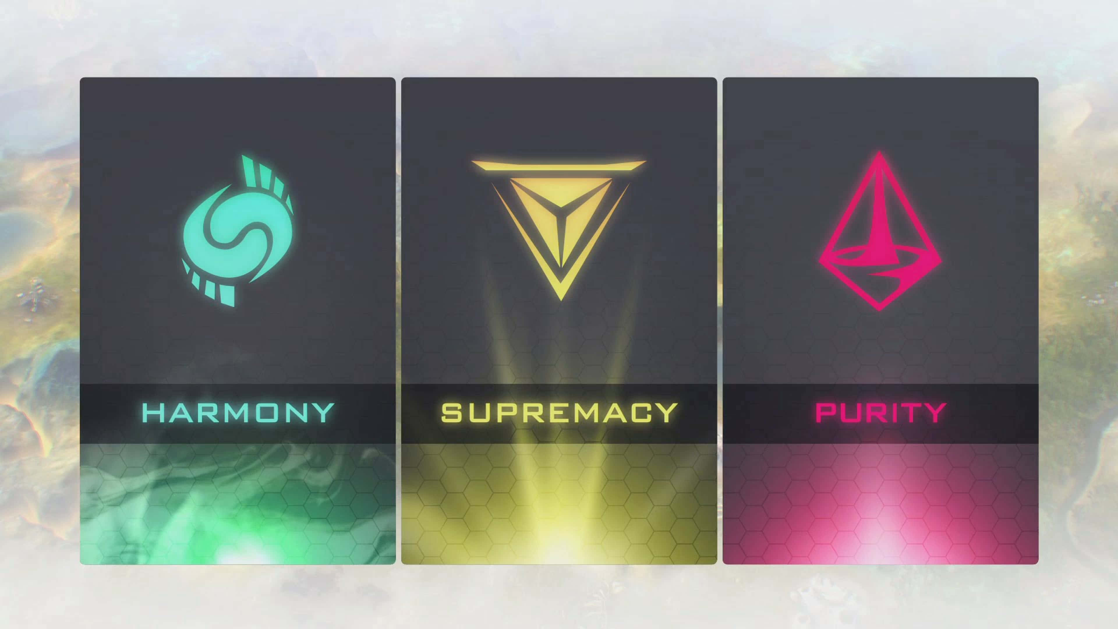 文明：地球之外 4K 和諧背景 壁紙 — 三張發光的數位卡片，標有 Harmony Supremacy 和 Purity，每張都有獨特的符號和配色方案，背景為宇宙。